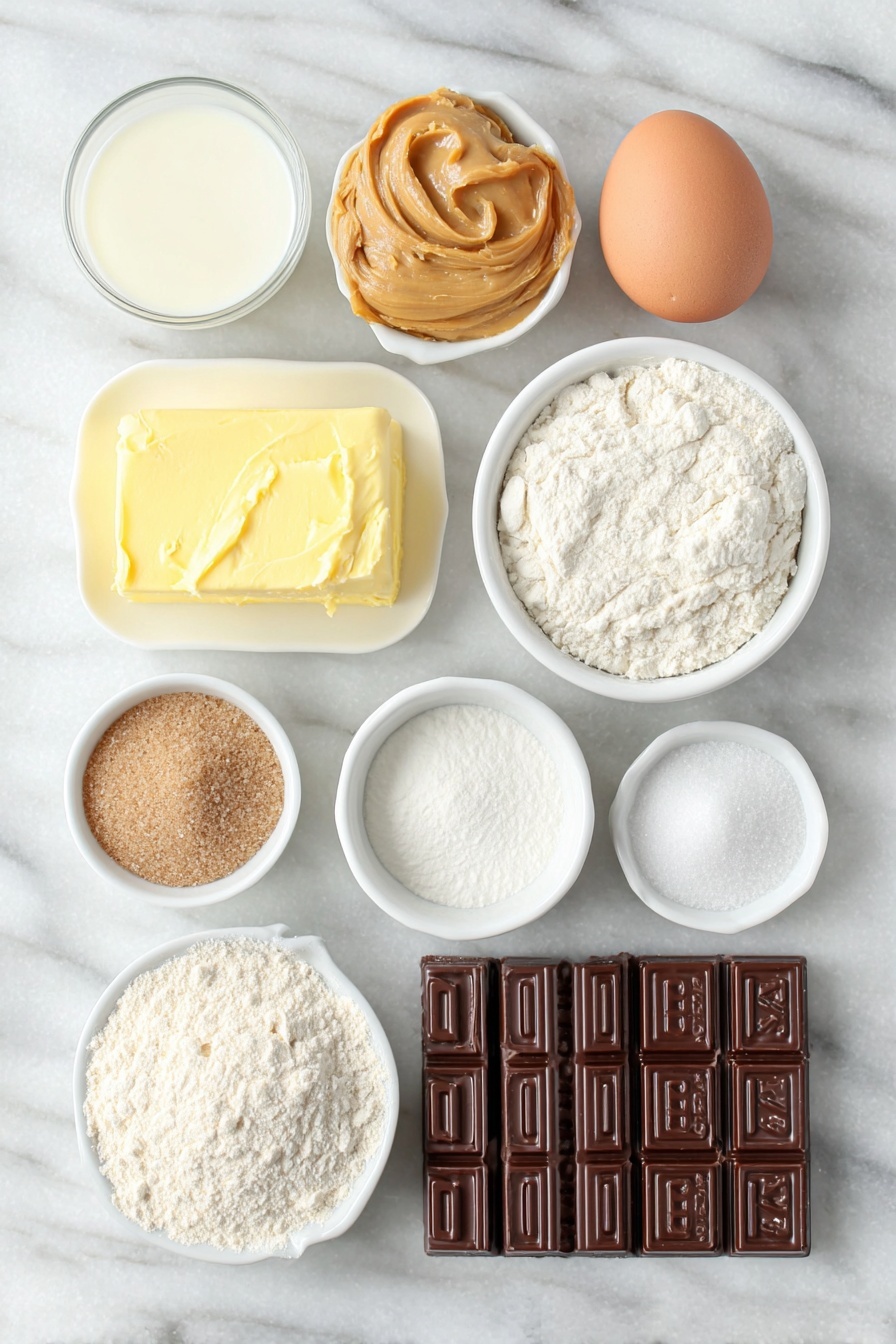 Reese's Peanut Butter Cookie Bites, Peanut Butter Cookie Bites, Chocolate Peanut Butter Cookies, Easy Cookie Bites, No-Bake Cookie Snacks - Flat lay of creamy peanut butter in a smooth dollop, a small mound of soft salted butter, two small heaps of granulated sugar and brown sugar side by side, one whole uncracked brown egg, a small white ceramic bowl filled with milk, a small white bowl containing clear vanilla extract, a neat pile of all-purpose flour, a small white bowl with baking powder, a tiny heap of salt, and a neat stack of Reese’s Peanut Butter Thins arranged in a simple row, all placed on a clean white marble surface, soft natural light, photo taken with an iPhone, professional food photography style, fresh ingredients, white ceramic bowls, no bottles, no duplicates, no utensils, no packaging --ar 2:3 --v 7 --p m7354615311229779997