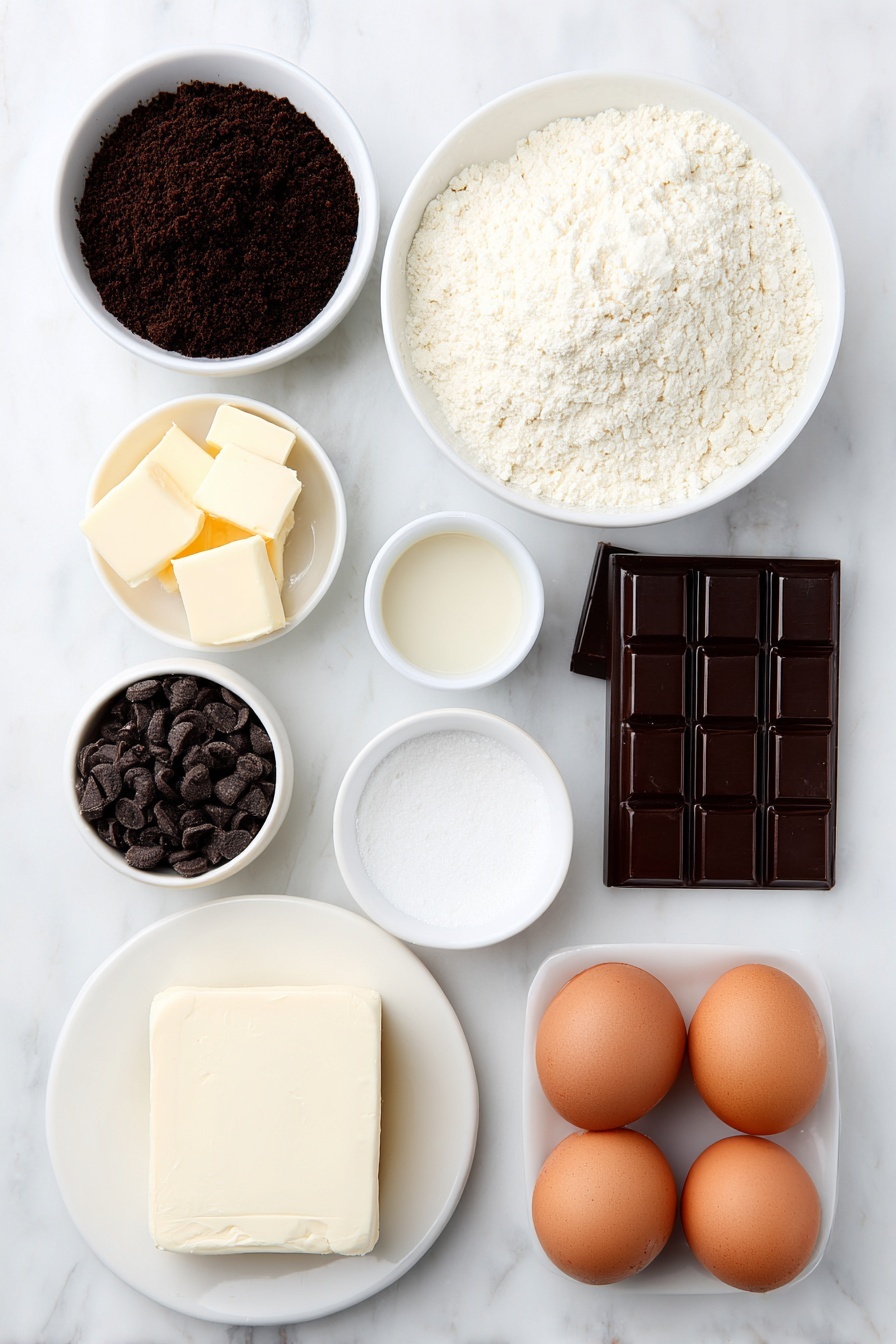 Ultimate Chocolate Cheesecake Bars, chocolate cheesecake bars, decadent dessert recipes, Oreo crumb crust cheesecake, easy chocolate cheesecake - Flat lay of a small white ceramic bowl filled with fine Oreo crumbs made from black and white sandwich cookies, next to a few squares of unsalted golden melted butter on a simple white ceramic plate; a block of creamy white cream cheese with a smooth surface on a white ceramic dish, accompanied by a small white bowl of fine white granulated sugar, and another small white bowl holding dark brown unsweetened cocoa powder; a broken dark glossy chocolate bar with rich texture on a white ceramic plate; a small white bowl containing thick pale heavy cream next to a tiny white bowl with clear vanilla extract; four large brown eggs with clean, uncracked shells arranged neatly on a white ceramic plate; and a small white bowl filled with shiny semi-sweet chocolate chips alongside another small white bowl of rich heavy cream—all ingredients fresh and natural, perfectly symmetrical and balanced, placed on a clean white marble surface, soft natural light, photo taken with an iPhone, professional food photography style, fresh ingredients, white ceramic bowls, no bottles, no duplicates, no utensils, no packaging --ar 2:3 --v 7 --p m7354615311229779997