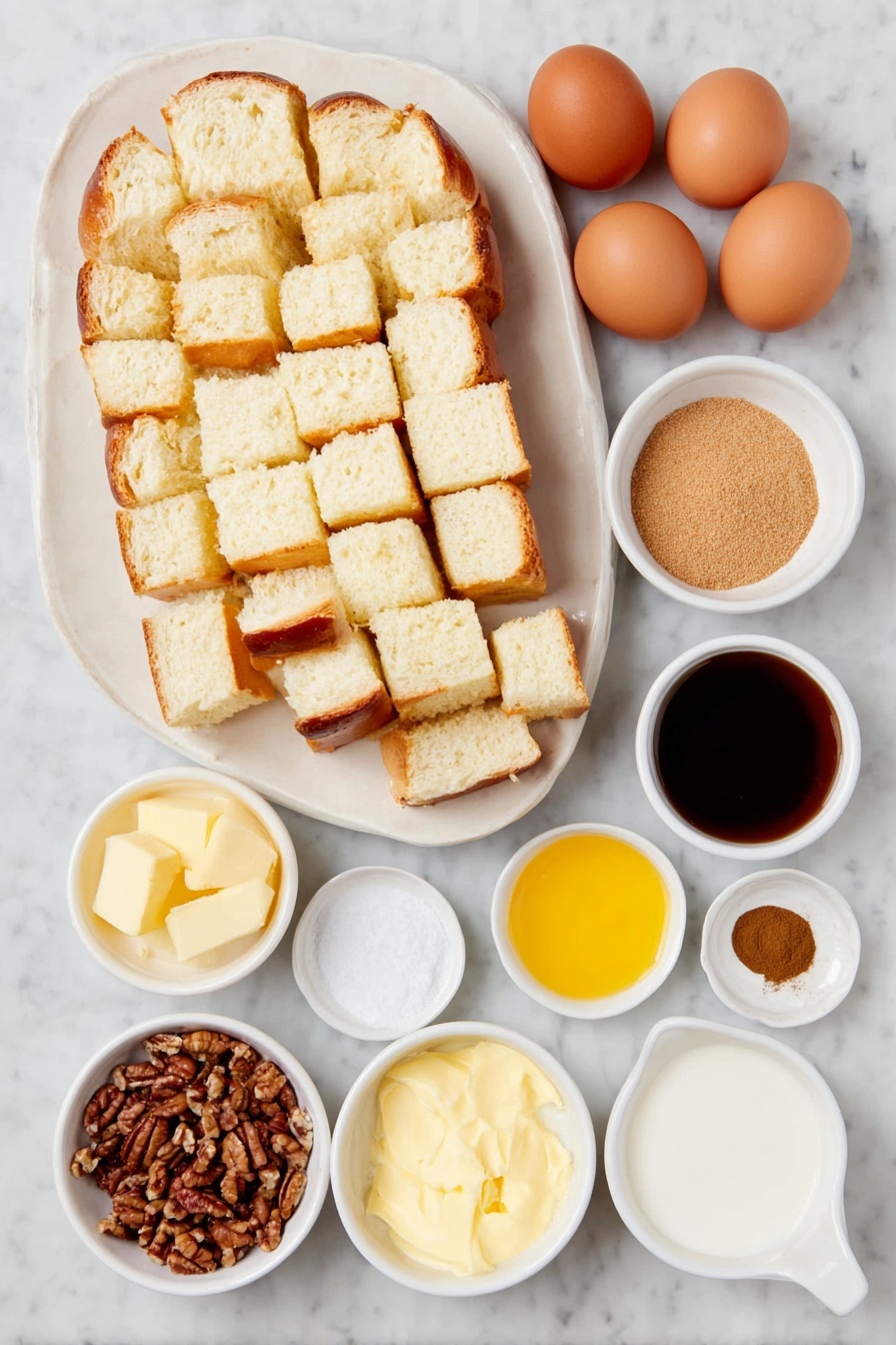 Easy French Toast Casserole with Pecans, French Toast Casserole with Pecans, Breakfast Casserole with Pecans, Make-Ahead French Toast Bake, Best Pecan French Toast - Flat lay of a sliced loaf of challah bread cut into 1-inch cubes on a simple white ceramic plate, five whole uncracked brown eggs arranged neatly, a small white bowl of fresh milk, a small white bowl of golden brown sugar, a small white bowl of ground cinnamon, a small white bowl of ground nutmeg, a small white bowl of coarse sea salt, a small white bowl of amber maple syrup, a small white bowl of melted unsalted butter, and a small white bowl of chopped pecans, all placed on a clean white marble surface, soft natural light, photo taken with an iPhone, professional food photography style, fresh ingredients, white ceramic bowls, no bottles, no duplicates, no utensils, no packaging --ar 2:3 --v 7 --p m7354615311229779997