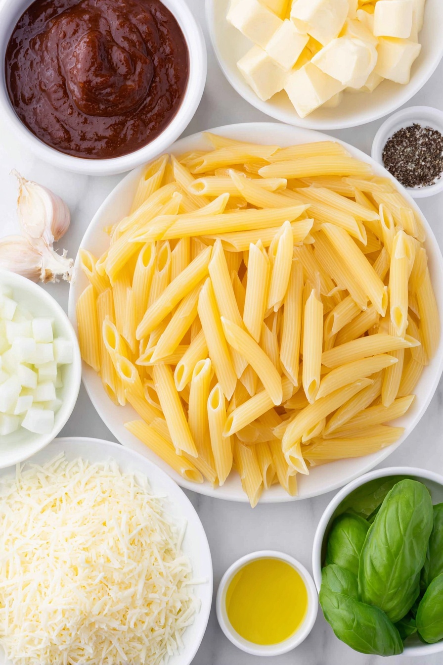 Penne alla Vodka, Penne alla Vodka recipe, creamy pasta, quick pasta dinner, easy vodka pasta - Flat lay of uncooked penne pasta scattered neatly next to a small drizzle of golden olive oil in a white ceramic bowl, a few chunks of creamy butter arranged beside finely chopped white onion, one uncracked brown garlic clove peeled and whole, a small white bowl filled with rich red tomato paste, another white bowl holding thick heavy cream, a pinch of coarse salt and freshly ground black pepper displayed side by side on the white surface, a few fresh bright green basil leaves sliced thin and loosely fanned out, and a small pile of finely grated parmesan cheese on a simple white plate, all placed on a clean white marble surface, soft natural light, photo taken with an iPhone, professional food photography style, fresh ingredients, white ceramic bowls, no bottles, no duplicates, no utensils, no packaging --ar 2:3 --v 7 --p m7354615311229779997