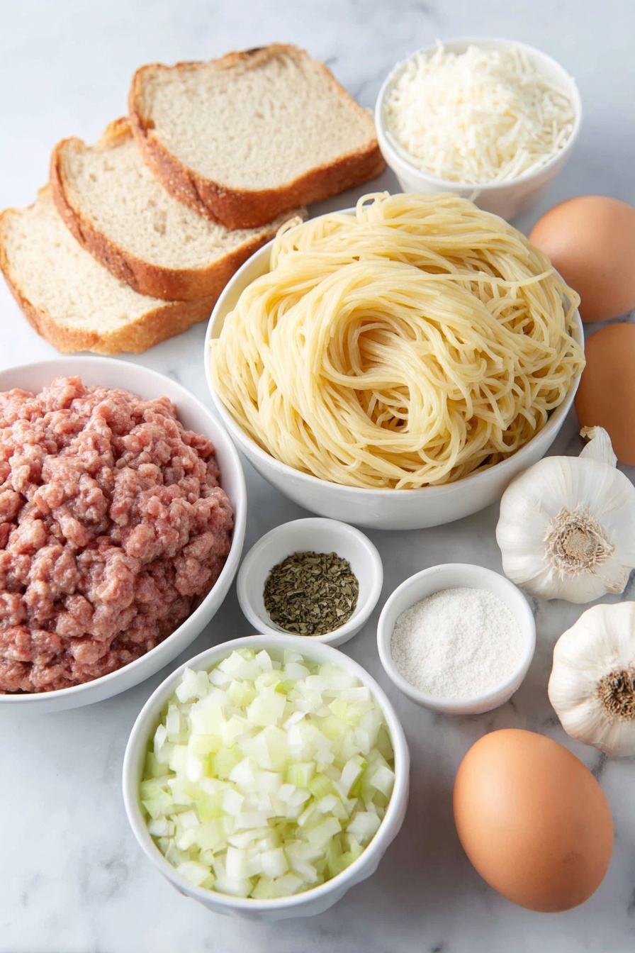 Classic Italian Spaghetti and Meatballs, easy spaghetti with meatballs, homemade Italian meatball recipe, authentic spaghetti and meatballs, best meatball pasta dish - Flat lay of a simple white ceramic bowl filled with fresh, uncooked spaghetti, a small white bowl containing cold water, three slices of white bread with crusts removed and torn into pieces, one whole large brown egg with a clean shell, a mound of lean ground beef, a mound of sweet ground Italian sausage with casings removed, a small pile of grated parmesan cheese, four whole garlic bulbs with some cloves peeled and minced, a medium yellow onion halved to show chopped pieces, a few fresh basil sprigs finely minced, two fresh bay leaves, a small white bowl of all-purpose flour, a small white bowl of light olive oil, whole black peppercorns scattered, and a small pile of sea salt crystals, all arranged in perfect symmetry on a clean white ceramic surface, placed on a clean white marble surface, soft natural light, photo taken with an iPhone, professional food photography style, fresh ingredients, white ceramic bowls, no bottles, no duplicates, no utensils, no packaging --ar 2:3 --v 7 --p m7354615311229779997