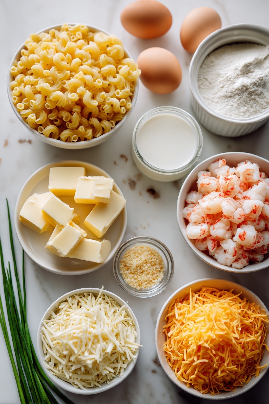 Lobster Mac and Cheese, gourmet seafood pasta, luxurious cheese pasta, creamy lobster mac and cheese, easy lobster macaroni dish - Flat lay of a small mound of uncooked corkscrew pasta (cavatappi) with its ridged spirals, a few whole uncracked brown eggs with smooth shells, a small white ceramic bowl of golden-yellow butter cubes, a larger white bowl filled with white flour, a small white bowl containing clear water, a medium white bowl holding creamy whole milk, a pile of bright orange shredded cheddar cheese, a smaller pile of soft white shredded mozzarella cheese, a neatly arranged pile of pinkish cooked lobster meat chunks, a small white bowl of light golden panko breadcrumbs, a sprinkling of fresh, thinly sliced green chives on the side, and a few scattered dried spices including reddish smoked paprika powder and light beige garlic and onion powders, all placed on a clean white marble surface, soft natural light, photo taken with an iPhone, professional food photography style, fresh ingredients, white ceramic bowls, no bottles, no duplicates, no utensils, no packaging --ar 2:3 --v 7 --p m7354615311229779997