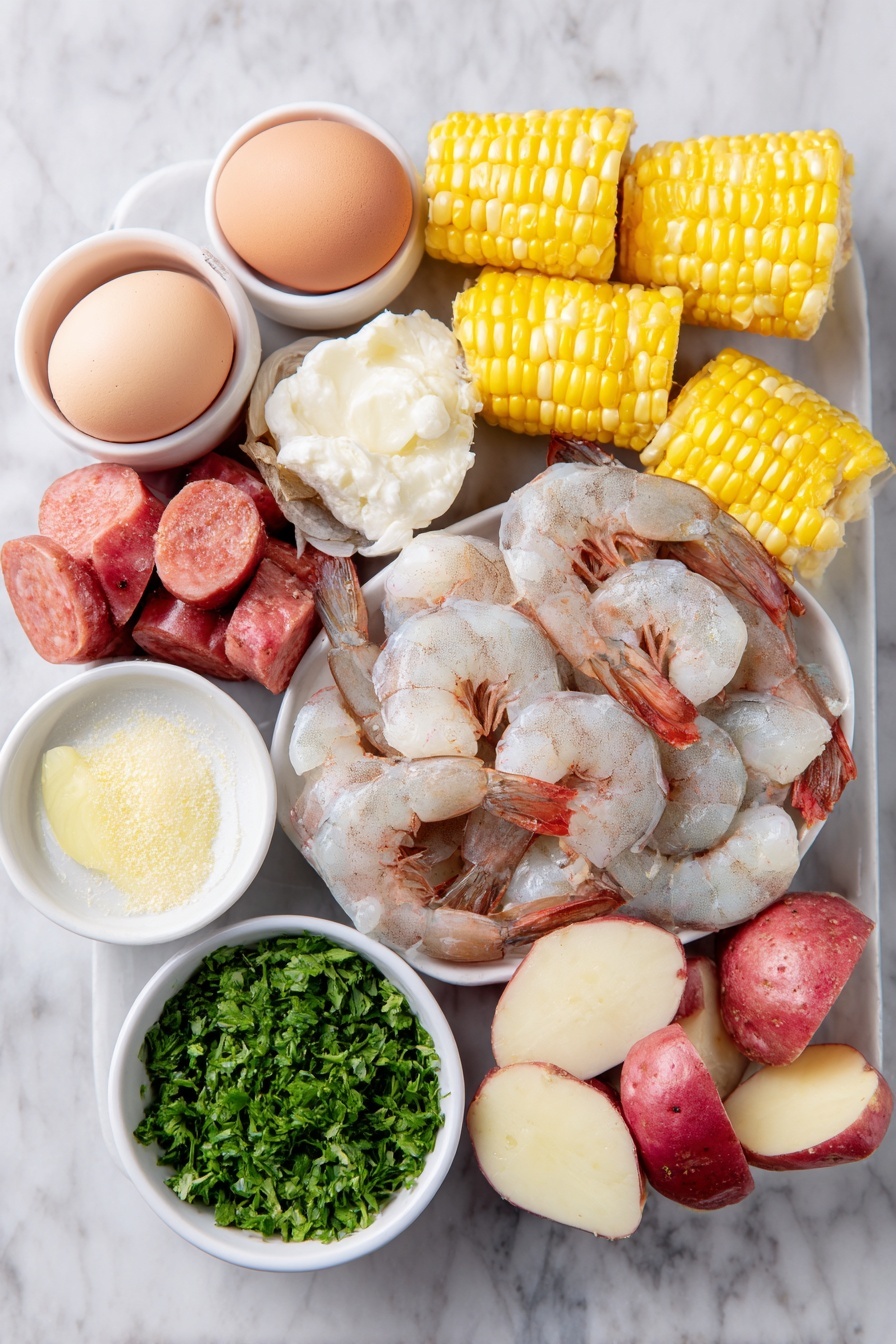 Old Bay Shrimp Boil, seafood boil recipe, shrimp boil with Old Bay, easy shrimp boil, seafood boil ideas - Flat lay of fresh jumbo shrimp with tails on, sliced smoked kielbasa sausage pieces, bright yellow corn ears cut into segments, halved small red potatoes, large onion wedges, whole uncut clean lemons, whole uncracked brown eggs, garlic cloves smashed but whole, chopped fresh green parsley in a small white ceramic bowl, seafood seasoning powder in a small white bowl, melted butter mixed with black pepper and salt in a small white bowl, placed on a clean white marble surface, soft natural light, photo taken with an iPhone, professional food photography style, fresh ingredients, white ceramic bowls, no bottles, no duplicates, no utensils, no packaging --ar 2:3 --v 7 --p m7354615311229779997