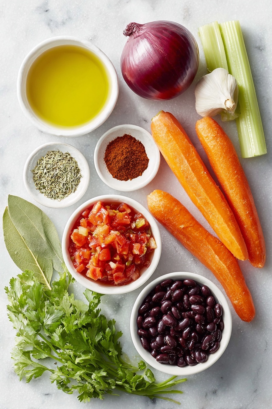 Vegetarian Chili, wholesome vegetarian chili, easy healthy chili, vegan chili recipe, hearty vegetable chili - Flat lay of a small white ceramic bowl of extra-virgin olive oil, a whole medium red onion, a large red bell pepper, two medium carrots, two celery ribs, four cloves of garlic, a small white bowl of chili powder, a small white bowl of ground cumin, a small white bowl of smoked paprika, a small white bowl of dried oregano, a small white ceramic bowl filled with diced fresh tomatoes and their juices, a small white ceramic bowl with black beans, a small white ceramic bowl with pinto beans, a small white bowl of vegetable broth, a fresh bay leaf, and a small pile of chopped fresh cilantro placed on a clean white marble surface, soft natural light, photo taken with an iPhone, professional food photography style, fresh ingredients, white ceramic bowls, no bottles, no duplicates, no utensils, no packaging --ar 2:3 --v 7 --p m7354615311229779997