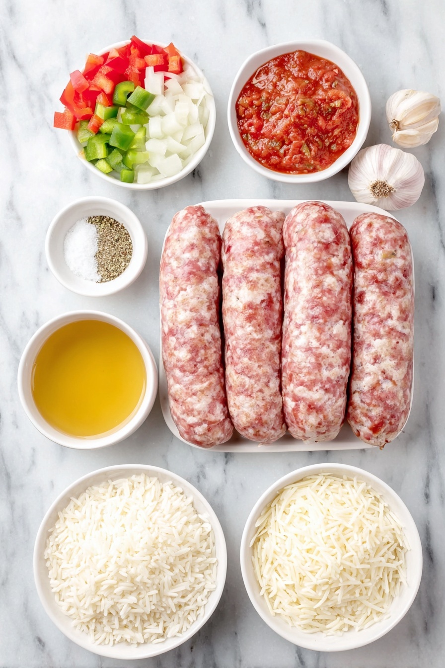 Stuffed Pepper Casserole with Sausage and Rice, stuffed pepper casserole, sausage and rice bake, cheesy stuffed pepper dish, easy casserole dinner - Flat lay of a mound of fresh mild Italian sausage links, a handful of chopped red and green bell peppers, half a medium yellow onion sliced, two whole garlic cloves, a small white bowl of coarse salt, a small white bowl of dried oregano, a small white bowl of ground black pepper, a small white bowl of ground cumin, a small white bowl filled with golden chicken broth, a small white bowl of bright red tomato salsa, a small white bowl with uncooked long-grain white rice grains, and a small pile of shredded fresh mozzarella cheese, all arranged in perfect symmetry on simple white ceramic bowls and plates, placed on a clean white marble surface, soft natural light, photo taken with an iPhone, professional food photography style, fresh ingredients, white ceramic bowls, no bottles, no duplicates, no utensils, no packaging --ar 2:3 --v 7 --p m7354615311229779997