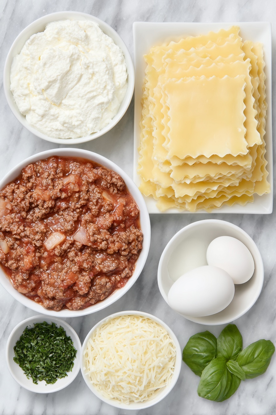Cheesy Bolognese Lasagna, cheesy lasagna recipe, baked lasagna with bolognese, easy cheesy lasagna, Italian comfort food - Flat lay of a small bowl of whole milk ricotta cheese mixed with dried Italian seasoning, a few fresh basil leaves minced, one large whole uncracked egg with a clean shell, a small white bowl of grated Parmesan cheese, a simple white plate with wavy oven-ready lasagna noodles stacked neatly, a generous scoop of rich bolognese sauce in a white ceramic bowl showing visible ground beef, tomato chunks, and herbs, a small white bowl filled with shredded whole milk mozzarella cheese, a small white bowl of chopped fresh basil, a small white bowl of minced fresh parsley, all ingredients arranged symmetrically and balanced on a clean white marble surface, soft natural light, photo taken with an iPhone, professional food photography style, fresh ingredients, white ceramic bowls, no bottles, no duplicates, no utensils, no packaging --ar 2:3 --v 7 --p m7354615311229779997