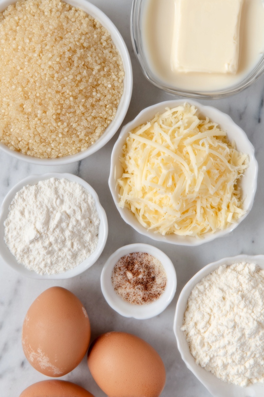 Cheesy Quinoa, healthy cheesy quinoa dish, easy quinoa recipes, quick cheese quinoa, comforting quinoa dinner - Flat lay of a small pile of fluffy uncooked quinoa grains, a glassy heap of sharp shredded cheddar cheese in bright orange-yellow hues, a pat of creamy unsalted butter, a small mound of fine white cornstarch powder, a half-full small white ceramic bowl of thick creamy half & half, a small white ceramic bowl holding smooth plain full-fat Greek yogurt, a few whole uncracked brown eggs with clean shells, a tiny white ceramic bowl containing fine sea salt crystals, and small white ceramic bowls each with fine powder of garlic, onion, and dried mustard spices — all ingredients arranged symmetrically in balanced proportions on a simple white marble surface, soft natural light, photo taken with an iPhone, professional food photography style, fresh ingredients, white ceramic bowls, no bottles, no duplicates, no utensils, no packaging --ar 2:3 --v 7 --p m7354615311229779997