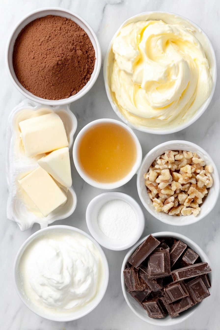 Chocolate Caramel Dump Cake, easy chocolate caramel dessert, no-fuss caramel cake, quick chocolate caramel treat, layered dump cake - Flat lay of a small white ceramic bowl filled with fine chocolate cake mix powder, two large brown eggs with smooth clean shells, a small white ceramic bowl of creamy whole milk, a small white ceramic bowl holding melted golden butter, a small white ceramic bowl containing white baking powder, a small white ceramic bowl with thick white sour cream, a small white ceramic bowl of rich golden caramel sauce, a small white ceramic bowl filled with glossy semi-sweet chocolate chunks, a small white ceramic bowl of thick heavy cream, a neat pile of dark chocolate shavings, and a small heap of golden chopped nuts, all arranged symmetrically and balanced, placed on a clean white marble surface, soft natural light, photo taken with an iPhone, professional food photography style, fresh ingredients, white ceramic bowls, no bottles, no duplicates, no utensils, no packaging --ar 2:3 --v 7 --p m7354615311229779997