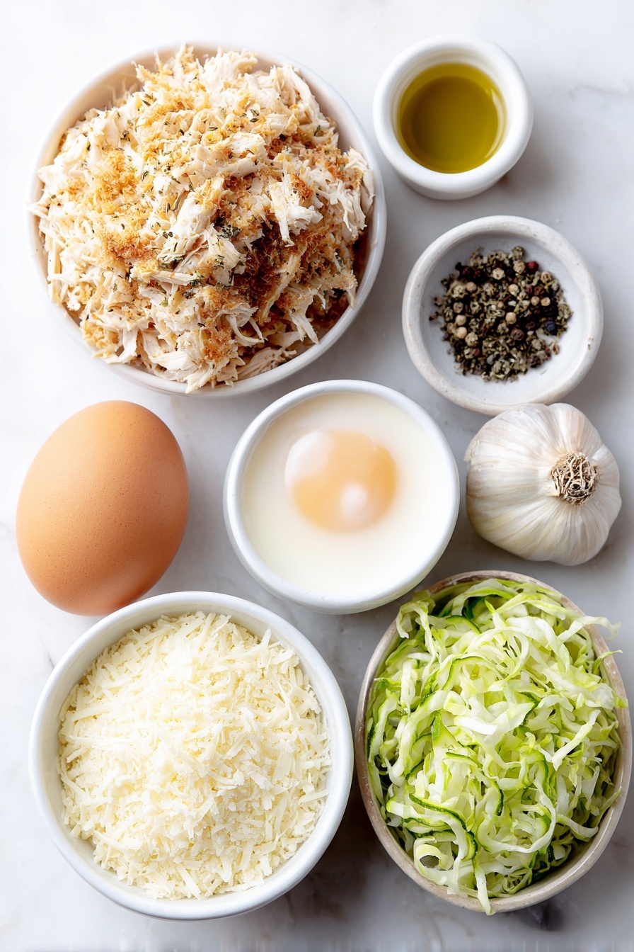 Viral Chicken Caesar Salad Pizza, Chicken Caesar Salad Pizza, Caesar Salad Pizza, Easy Chicken Caesar Pizza, Low-Carb Chicken Pizza - Flat lay of a small mound of shredded canned chicken, one whole uncracked brown egg with a clean shell, a small white bowl of grated parmesan cheese, three fresh garlic cloves, two teaspoons of dried Italian seasoning herbs, a small pinch of coarse salt, a few whole black peppercorns, a small white bowl of light olive oil, a pile of fresh shredded romaine lettuce leaves, a small white bowl filled with creamy Caesar dressing, a small pile of thinly sliced mini cucumbers, all arranged symmetrically around the center, placed on a clean white marble surface, soft natural light, photo taken with an iPhone, professional food photography style, fresh ingredients, white ceramic bowls, no bottles, no duplicates, no utensils, no packaging --ar 2:3 --v 7 --p m7354615311229779997