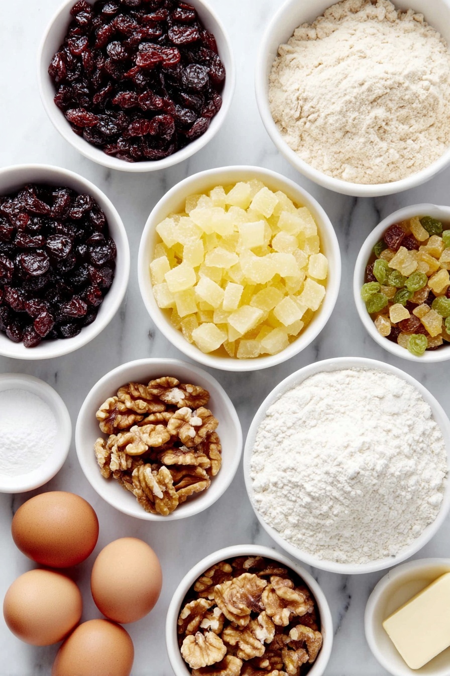 Festive Fruit Cake, holiday fruitcake, homemade fruitcake recipe, moist fruitcake, Christmas cake recipe - Flat lay of whole red candied cherries, whole green candied cherries, diced candied pineapple, golden raisins, walnut halves, a stick of shortening, granulated sugar in a small white bowl, five whole uncracked brown eggs, vanilla extract in a small white bowl, all-purpose flour in a small white bowl, baking powder in a small white bowl, salt in a small white bowl, all arranged symmetrically on simple white ceramic dishes placed on a clean white marble surface, soft natural light, photo taken with an iPhone, professional food photography style, fresh ingredients, white ceramic bowls, no bottles, no duplicates, no utensils, no packaging --ar 2:3 --v 7 --p m7354615311229779997