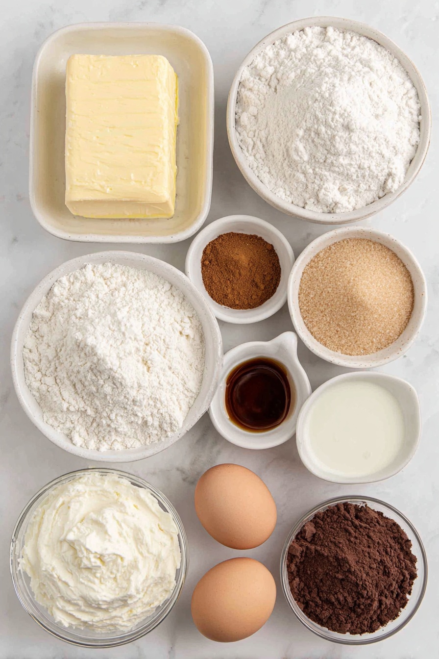 Pumpkin Pie Bars with Shortbread Crust, pumpkin dessert bars, fall dessert recipes, holiday pumpkin treats, easy pumpkin bar recipe - Flat lay of a small block of unsalted butter, a small white ceramic bowl of granulated sugar, a small white ceramic bowl of packed light brown sugar, one whole uncracked brown egg, a small white ceramic bowl of vanilla extract, a small white ceramic bowl of all-purpose flour, a small white ceramic bowl of baking powder, a small white ceramic bowl of ground cinnamon, a small white ceramic bowl of kosher salt, a small white ceramic bowl of pumpkin puree, a small white ceramic bowl of heavy cream, two whole uncracked brown eggs, a small white ceramic bowl of cornstarch, a small white ceramic bowl of pumpkin pie spice, a small white ceramic bowl of powdered sugar placed on a clean white marble surface, soft natural light, photo taken with an iPhone, professional food photography style, fresh ingredients, white ceramic bowls, no bottles, no duplicates, no utensils, no packaging --ar 2:3 --v 7 --p m7354615311229779997