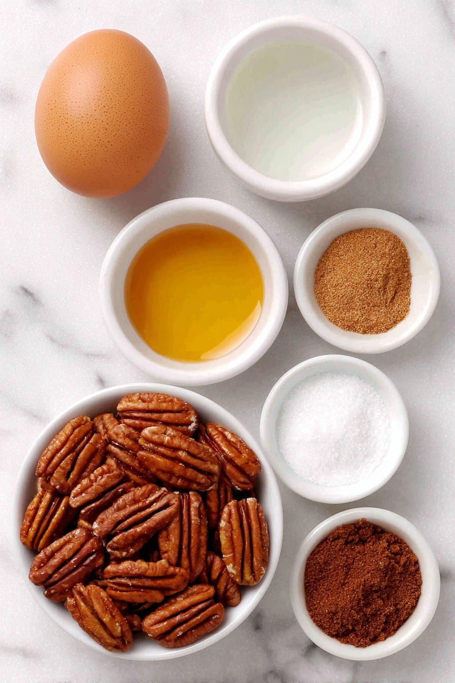 Cinnamon Sugar Pecans, caramelized pecans, homemade snack ideas, sweet crunchy pecans, holiday gift treats - Flat lay of a single whole uncracked egg with a clean shell, a small white bowl of clear water, a small white bowl of golden vanilla extract, a small white bowl of light brown ground cinnamon, a small white bowl of coarse white granulated sugar, a small white bowl of moist dark brown sugar, a small white bowl of fine white salt, and a small white ceramic bowl heaped with fresh whole pecans, all arranged in perfect symmetry, placed on a clean white marble surface, soft natural light, photo taken with an iPhone, professional food photography style, fresh ingredients, white ceramic bowls, no bottles, no duplicates, no utensils, no packaging --ar 2:3 --v 7 --p m7354615311229779997