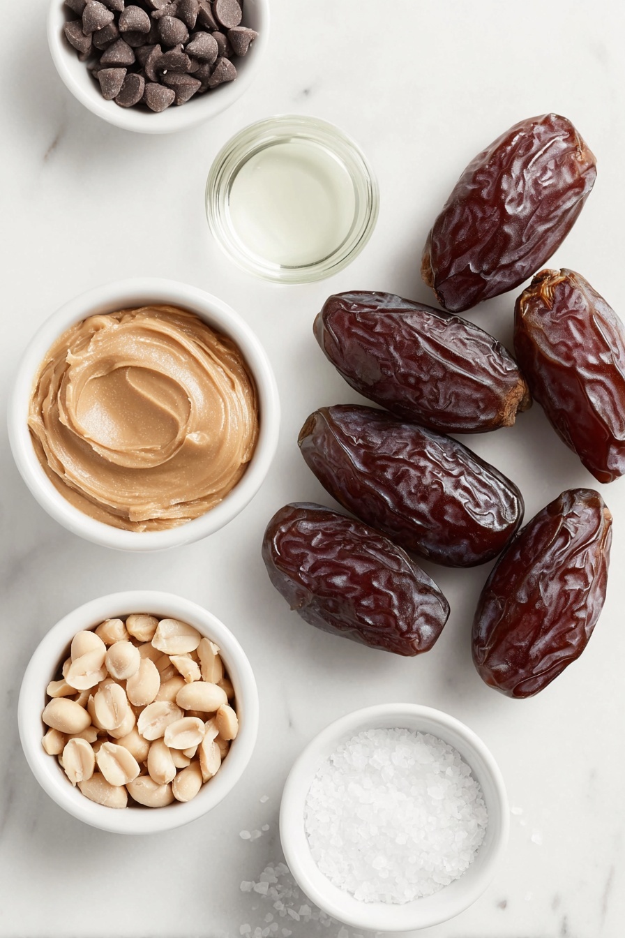 Chocolate Covered Peanut Butter Dates, healthy date snacks, quick dessert recipes, sweet and salty snacks, chocolate peanut butter bites - Flat lay of a cluster of glossy Medjool dates with one split open showing smooth peanut butter inside, a small white ceramic bowl filled with creamy all-natural smooth peanut butter, a delicate pile of roughly chopped fresh peanuts, a small white ceramic bowl holding semi-sweet chocolate chips, a tiny white ceramic bowl with clear coconut oil, and a small white ceramic bowl containing flaky sea salt crystals, all arranged in perfect symmetry on a clean white marble surface, soft natural light, photo taken with an iPhone, professional food photography style, fresh ingredients, white ceramic bowls, no bottles, no duplicates, no utensils, no packaging --ar 2:3 --v 7 --p m7354615311229779997