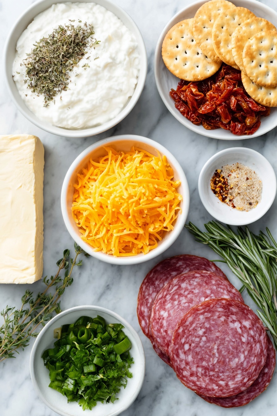 No-Bake Italian Cheese Loaf Appetizer, Italian cheese appetizer, no-bake party appetizer, Italian herb cheese spread, easy cheese appetizer recipes - Flat lay of a block of smooth cream cheese, a small white bowl of sour cream, dried thyme, oregano, basil, and rosemary herbs sprinkled beside a tiny white bowl of mixed garlic powder, salt, and red pepper flakes, a heap of freshly grated sharp cheddar cheese with fine strands, a small mound of finely chopped bright roasted red peppers, thin slices of spicy red salami, a cluster of glossy green olives chopped roughly, a few finely minced stalks of vibrant green onion, a small white bowl filled with oil-coated sun dried tomato strips, a bunch of fresh flat-leaf parsley chopped finely, sprigs of fresh rosemary, and a simple stack of round plain Jatz crackers arranged neatly, all ingredients fresh and natural on simple white ceramic bowls and plates, perfectly balanced and symmetrical composition placed on a clean white marble surface, soft natural light, photo taken with an iPhone, professional food photography style, fresh ingredients, white ceramic bowls, no bottles, no duplicates, no utensils, no packaging --ar 2:3 --v 7 --p m7354615311229779997