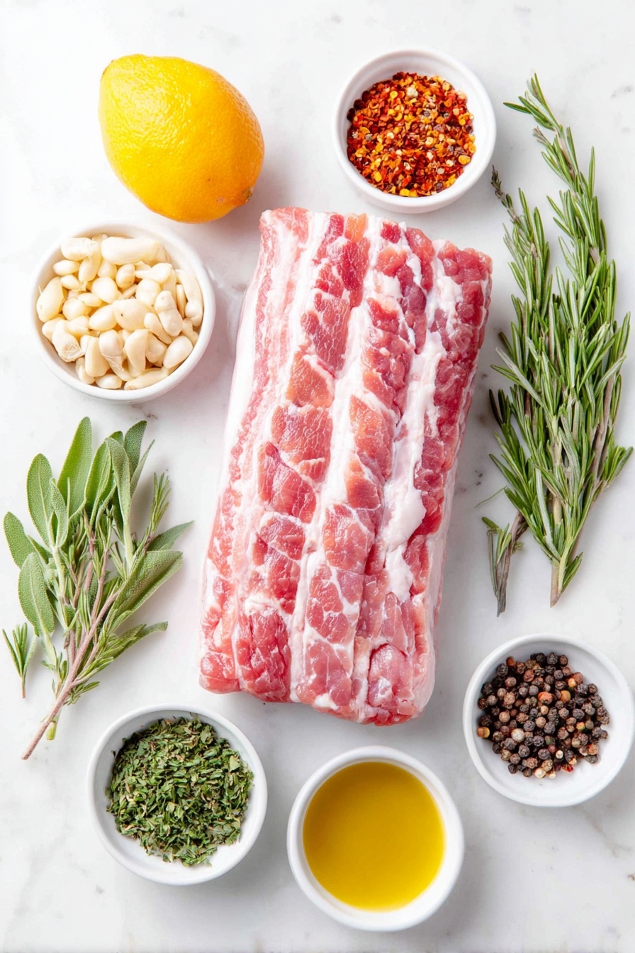 Porchetta with Fennel and Herbs, pork roast with fennel and herbs, Italian-style porchetta, herb-crusted porchetta, easy porchetta recipe - Flat lay of a fresh slab of pork belly with scored fat, a whole pork tenderloin, a small white ceramic bowl of whole fennel seeds, roughly chopped garlic cloves, a small bunch of fennel fronds, a small pile of chopped fresh rosemary, a small pile of chopped fresh sage, a small pile of chopped fresh thyme, a lemon with zest curls visible, a small white ceramic bowl containing red pepper flakes, another small white ceramic bowl with black peppercorns, a small white ceramic bowl of coarse salt, and a small white ceramic bowl of golden olive oil, all arranged symmetrically on a clean white marble surface, soft natural light, photo taken with an iPhone, professional food photography style, fresh ingredients, white ceramic bowls, no bottles, no duplicates, no utensils, no packaging --ar 2:3 --v 7 --p m7354615311229779997