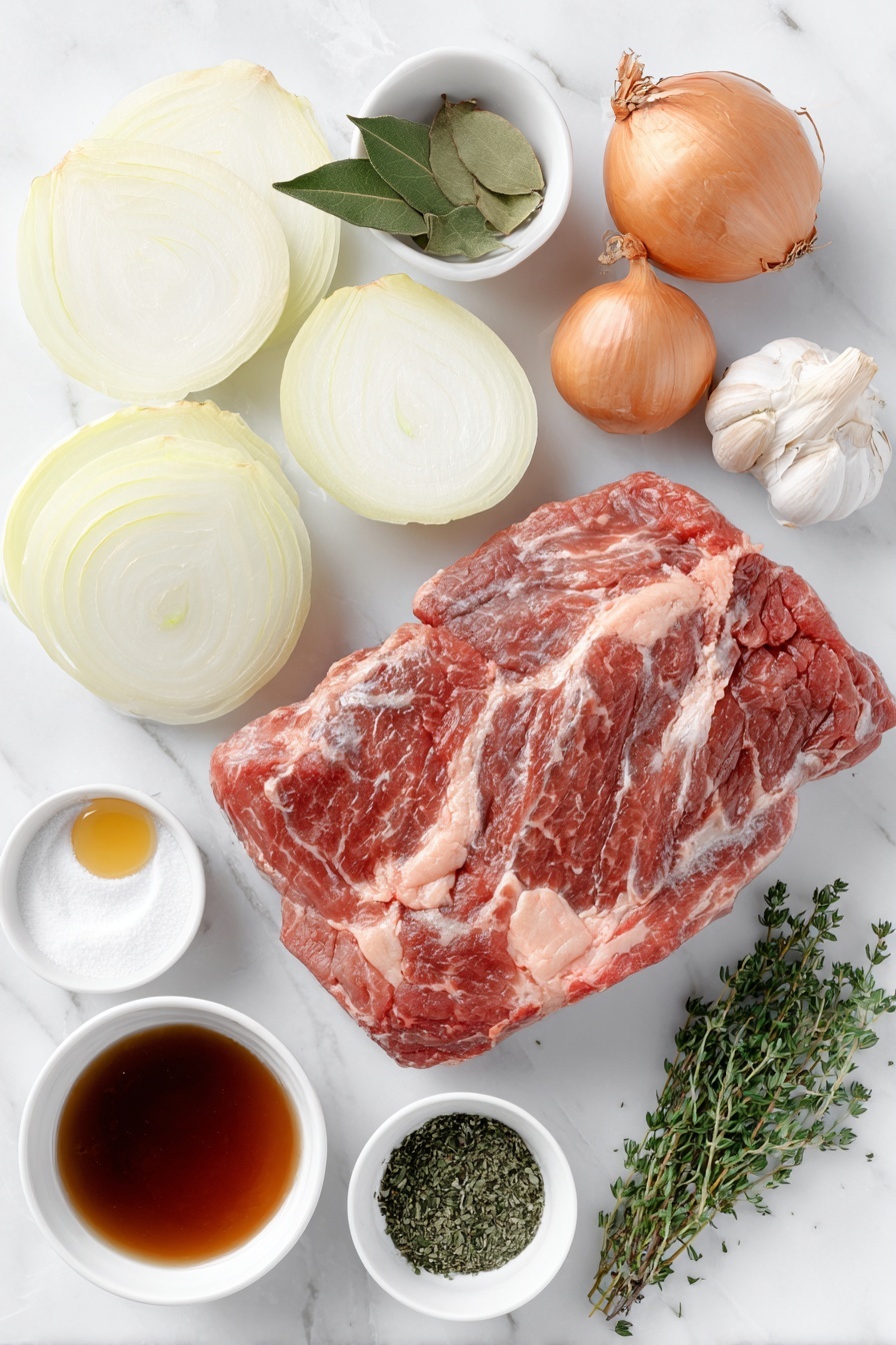 French Onion Beef Pot Roast, French onion soup beef, slow cooker beef roast, hearty beef dinner, caramelized onion roast - Flat lay of a fresh 3 to 4 lb chuck roast with a trimmed edge, two yellow onions halved and thinly sliced, two whole uncracked brown garlic cloves, three fresh bay leaves, a small white ceramic bowl of bright green dried parsley flakes, a small white ceramic bowl of dried thyme leaves, a small white ceramic bowl with fine pale arrowroot starch powder, a small white ceramic bowl of light golden avocado oil, a small white ceramic bowl with dark amber coconut aminos, a small white ceramic bowl of rich brown beef broth, a small white ceramic bowl of deep red wine vinegar, and a sprinkle of fresh chopped parsley and thyme leaves, all arranged symmetrically in balanced proportions, placed on a clean white marble surface, soft natural light, photo taken with an iPhone, professional food photography style, fresh ingredients, white ceramic bowls, no bottles, no duplicates, no utensils, no packaging --ar 2:3 --v 7 --p m7354615311229779997