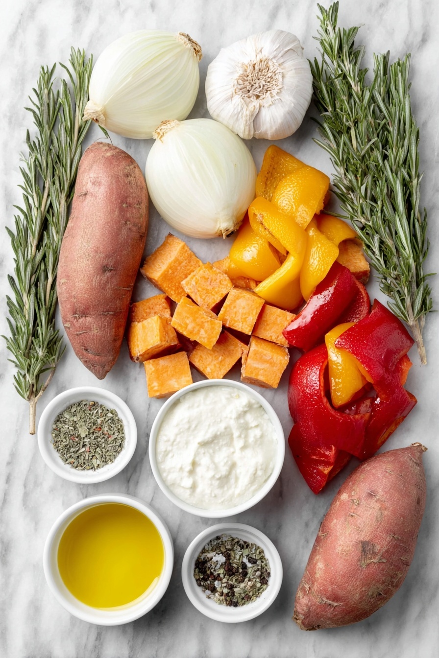 Creamy Roasted Vegetable Soup, roasted veggie soup, hearty vegetable soup, easy creamy vegetable soup, healthy roasted vegetable soup - Flat lay of three thick wedges of white onion, five whole unpeeled garlic cloves with skin on, three thick strips of mixed red, yellow, and orange bell peppers, chunks of peeled sweet potato, six thick wedges of ripe red salad tomatoes, chunks of peeled large carrots, five fresh rosemary sprigs, a small white bowl of single cream, a small white bowl of extra virgin olive oil, a small white bowl of dried Italian herbs, a small white bowl of dried sage, a small white bowl of coarse salt, and a small white bowl of black peppercorns placed on a clean white marble surface, soft natural light, photo taken with an iPhone, professional food photography style, fresh ingredients, white ceramic bowls, no bottles, no duplicates, no utensils, no packaging --ar 2:3 --v 7 --p m7354615311229779997