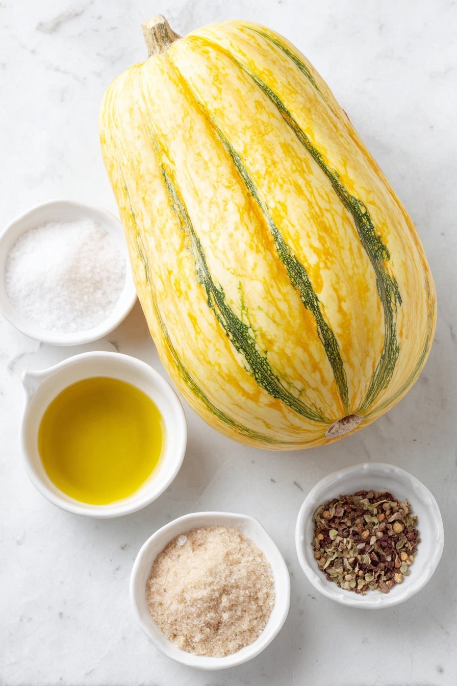 Roasted Delicata Squash, Delicata Squash recipe, roasted squash side dish, healthy squash recipes, easy vegetable recipes - Flat lay of one whole delicata squash with smooth yellow skin and green stripes, a small white ceramic bowl of golden olive oil, a small white bowl of fine white salt, a small white bowl of pale beige garlic powder, and a small white bowl of coarsely cracked black peppercorns, all arranged symmetrically in balanced proportions, placed on a clean white marble surface, soft natural light, photo taken with an iPhone, professional food photography style, fresh ingredients, white ceramic bowls, no bottles, no duplicates, no utensils, no packaging --ar 2:3 --v 7 --p m7354615311229779997