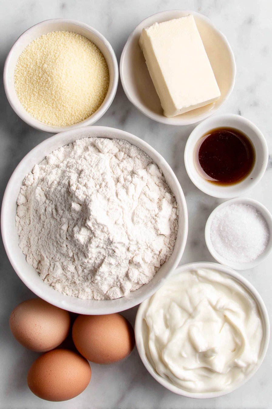 Moist Homemade Cornbread, best cornbread recipe, easy cornbread from scratch, tender sweet cornbread, homemade cornbread tips - Flat lay of a small white ceramic bowl of spooned and leveled all-purpose flour, a small white ceramic bowl of bright yellow cornmeal, a small white ceramic bowl with coarse kosher salt, a small white ceramic bowl with white baking soda, a small white ceramic bowl with light beige baking powder, a half stick of creamy pale yellow butter, a small white ceramic bowl of golden vegetable oil, a small white ceramic bowl filled with white granulated sugar, a small white ceramic bowl with thick amber honey, two large whole brown eggs with clean shells, a small white ceramic bowl filled with creamy white buttermilk placed on a clean white marble surface, soft natural light, photo taken with an iPhone, professional food photography style, fresh ingredients, white ceramic bowls, no bottles, no duplicates, no utensils, no packaging --ar 2:3 --v 7 --p m7354615311229779997