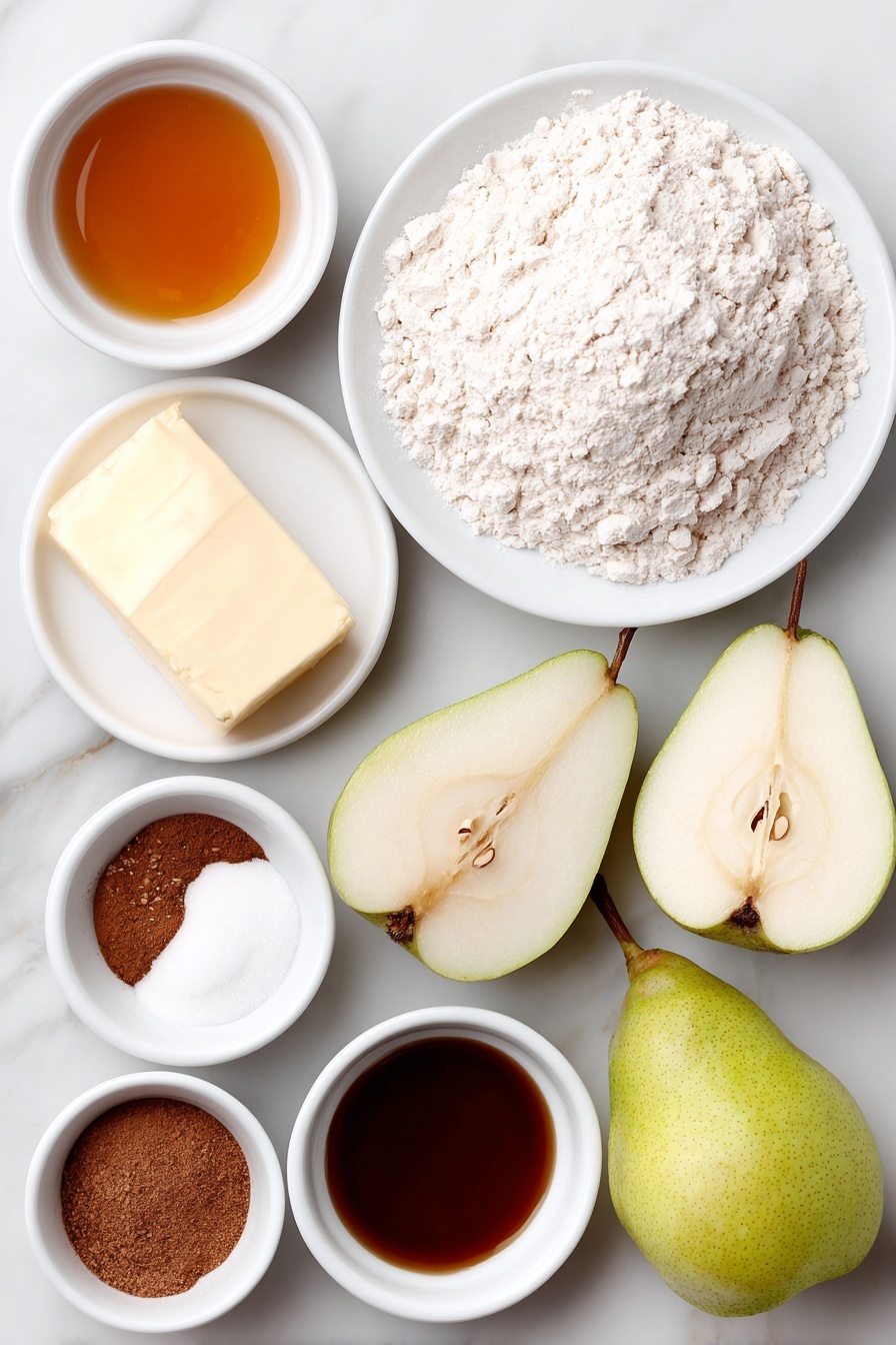 Vegan Pear Pie with Chai Spices, vegan pear pie, chai spice dessert, vegan fruit pie, healthy vegan dessert - Flat lay of a small mound of all purpose flour on a simple white ceramic plate, a few coarse grains of cane sugar in a small white bowl, a chunk of cold vegan butter resting on a white ceramic dish, two small white ceramic bowls containing amber maple syrup and pale almond milk, a small white bowl filled with ice water, five fresh ripe pears halved and chopped with smooth green and yellow skins, a small white ceramic bowl holding solid coconut oil, and an array of spices including ground cinnamon, ground ginger, ground allspice, ground nutmeg, ground cloves, and cardamom, each in tiny white ceramic bowls arranged symmetrically around the central ingredients, all placed on a clean white marble surface, soft natural light, photo taken with an iPhone, professional food photography style, fresh ingredients, white ceramic bowls, no bottles, no duplicates, no utensils, no packaging --ar 2:3 --v 7 --p m7354615311229779997