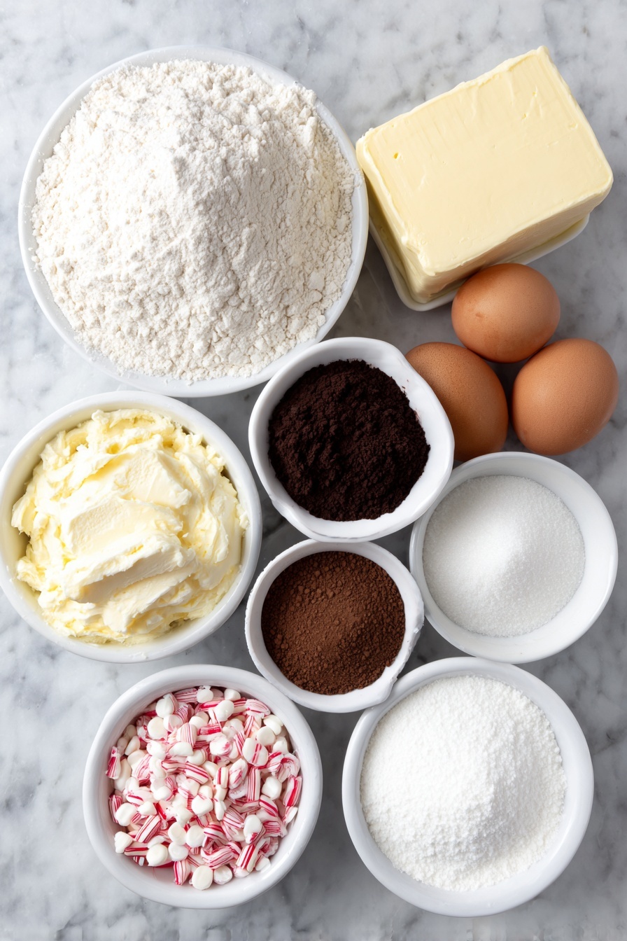 Dark Chocolate Candy Cane Cookies, festive holiday cookies, easy chocolate peppermint cookies, Christmas cookie recipes, peppermint candy cane treats - Flat lay of a small mound of all-purpose flour, a small white bowl with Dutch-processed cocoa powder, a small white bowl with black cocoa powder, a small white bowl with baking soda, a small white bowl with coarse sea salt, a slab of unsalted butter, a small white bowl filled with granulated sugar, a small white bowl filled with packed light-brown sugar, two large whole brown eggs with clean shells, a small white bowl with crushed bright red and white candy canes, and a small white bowl with smooth white melted chocolate, arranged in perfect symmetry on a clean white marble surface, soft natural light, photo taken with an iPhone, professional food photography style, fresh ingredients, white ceramic bowls, no bottles, no duplicates, no utensils, no packaging --ar 2:3 --v 7 --p m7354615311229779997