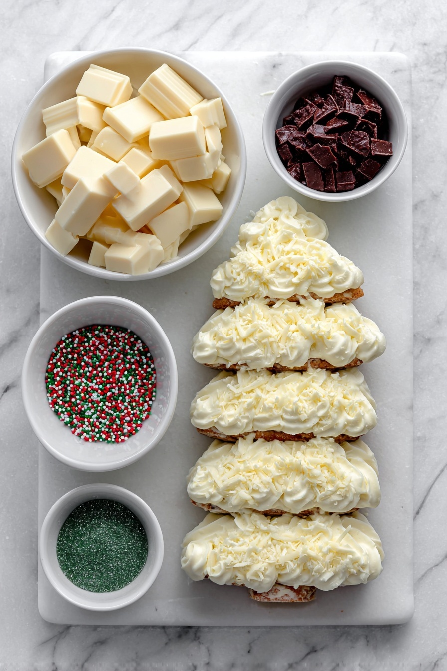 Christmas Tree Cake Truffles, festive holiday treats, no-bake Christmas desserts, easy Christmas truffle recipe, holiday dessert ideas - Flat lay of a stack of five fresh Christmas tree-shaped snack cakes with green, white, and red icing, a small white ceramic bowl filled with smooth white chocolate pieces, a small white bowl holding colorful festive sprinkles, a small white bowl containing vibrant red candy melts, and a small white bowl of sparkling green sanding sugar, all arranged symmetrically on a clean white marble surface, soft natural light, photo taken with an iPhone, professional food photography style, fresh ingredients, white ceramic bowls, no bottles, no duplicates, no utensils, no packaging --ar 2:3 --v 7 --p m7354615311229779997