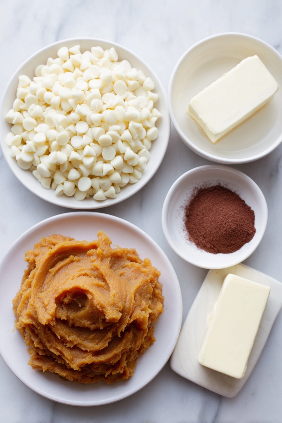 Pumpkin White Chocolate Fudge, fall dessert recipes, easy pumpkin fudge, no-bake pumpkin treats, creamy pumpkin fudge - Flat lay of a small mound of bright orange pumpkin puree on a simple white ceramic plate, a heap of shiny white chocolate chips in a white ceramic bowl, a small white bowl filled with thick sweetened condensed milk, a small slab of pale yellow unsalted butter resting on a white plate, and a small white bowl containing a warm brown-orange pumpkin pie spice powder, all arranged with perfect symmetry on a clean white marble surface, soft natural light, photo taken with an iPhone, professional food photography style, fresh ingredients, white ceramic bowls, no bottles, no duplicates, no utensils, no packaging --ar 2:3 --v 7 --p m7354615311229779997