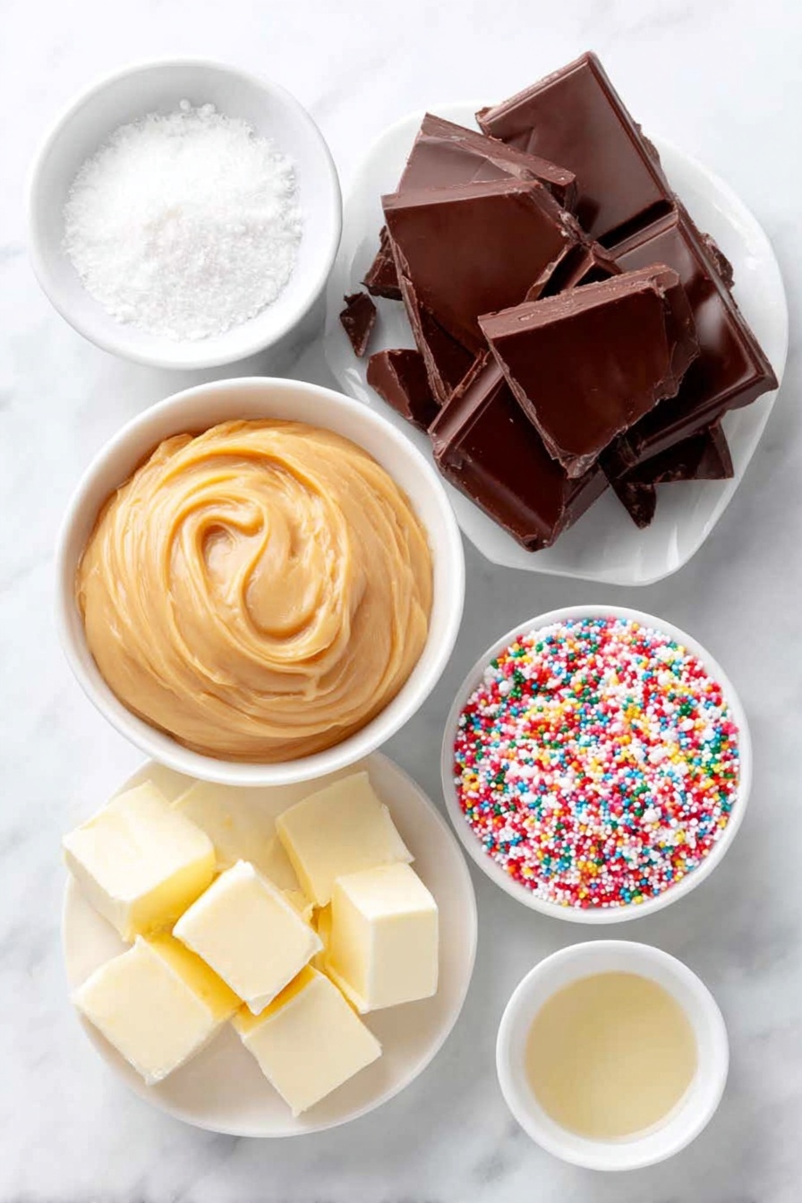 Homemade Peanut Butter Cups with Chocolate, easy peanut butter cup recipe, homemade candy, chocolate peanut butter treats, no-bake peanut butter cups - Flat lay of smooth creamy peanut butter dolloped in a simple white ceramic bowl, a few small cubes of pale unsalted butter on a white plate, a small white bowl holding translucent vanilla extract, a neat mound of fine white confectioners sugar on a white dish, large chunks of glossy dark chocolate almond bark arranged on a white plate, and a small white bowl filled with colorful festive sprinkles, all placed on a clean white marble surface, soft natural light, photo taken with an iPhone, professional food photography style, fresh ingredients, white ceramic bowls, no bottles, no duplicates, no utensils, no packaging --ar 2:3 --v 7 --p m7354615311229779997