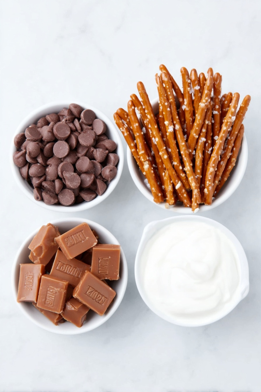 Salted Caramel Pretzel Bark, salted caramel pretzel bark, salty sweet pretzel bark, easy salted caramel snack, crunchy caramel dessert - Flat lay of a small pile of smooth, glossy milk chocolate chips, a handful of golden-brown pretzels with coarse salt crystals, a simple white ceramic bowl filled with unwrapped golden caramel squares, and a small white ceramic bowl containing rich, creamy heavy cream, all arranged symmetrically and balanced, placed on a clean white marble surface, soft natural light, photo taken with an iPhone, professional food photography style, fresh ingredients, white ceramic bowls, no bottles, no duplicates, no utensils, no packaging --ar 2:3 --v 7 --p m7354615311229779997