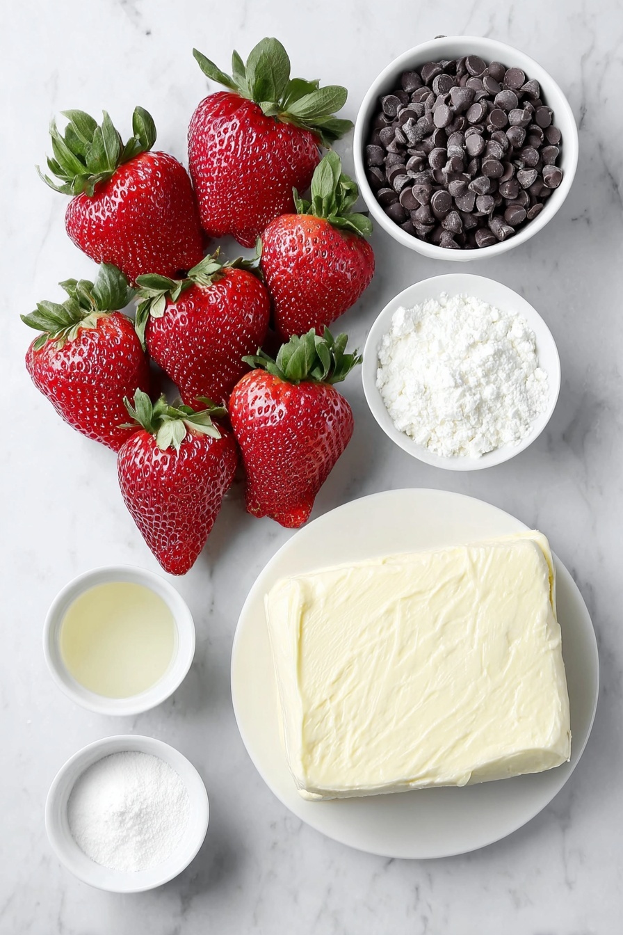 Chocolate Covered Cheesecake Strawberries, strawberry desserts, chocolate strawberry recipes, easy cheesecake strawberries, no-bake fruit desserts - Flat lay of fresh large red strawberries with green leafy tops, a small white ceramic bowl filled with glossy semi-sweet chocolate chips, a smooth block of softened cream cheese on a simple white plate, a small white bowl containing fine white powdered sugar, another small white bowl holding cold heavy cream, and a small white bowl with clear vanilla extract, all arranged in perfect symmetry placed on a clean white marble surface, soft natural light, photo taken with an iPhone, professional food photography style, fresh ingredients, white ceramic bowls, no bottles, no duplicates, no utensils, no packaging --ar 2:3 --v 7 --p m7354615311229779997