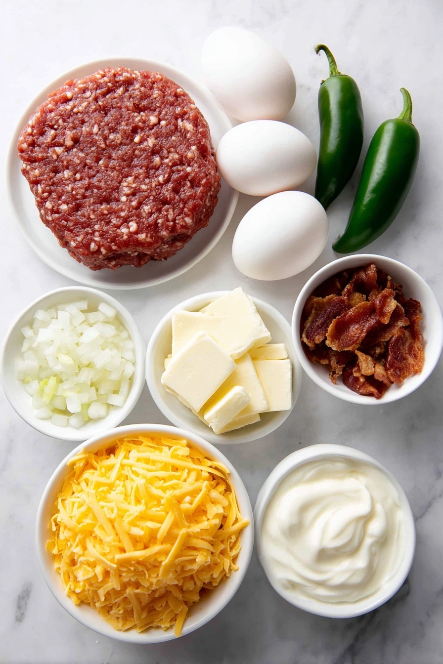 Crack Breakfast Casserole with Sausage and Cheese, hearty breakfast casserole, easy sausage breakfast bake, make-ahead breakfast casserole, cheesy sausage brunch dish - Flat lay of raw ground sausage patty, eight whole brown eggs with clean shells, a small white bowl of creamy sour cream, a small white bowl filled with shredded cheddar cheese, a small white bowl of crispy bacon bits, a few fresh green chili peppers, one small white bowl with chopped white onions, scattered whole peppercorns and a small pinch of coarse sea salt crystals all arranged symmetrically around a simple white ceramic plate, placed on a clean white marble surface, soft natural light, photo taken with an iPhone, professional food photography style, fresh ingredients, white ceramic bowls, no bottles, no duplicates, no utensils, no packaging --ar 2:3 --v 7 --p m7354615311229779997