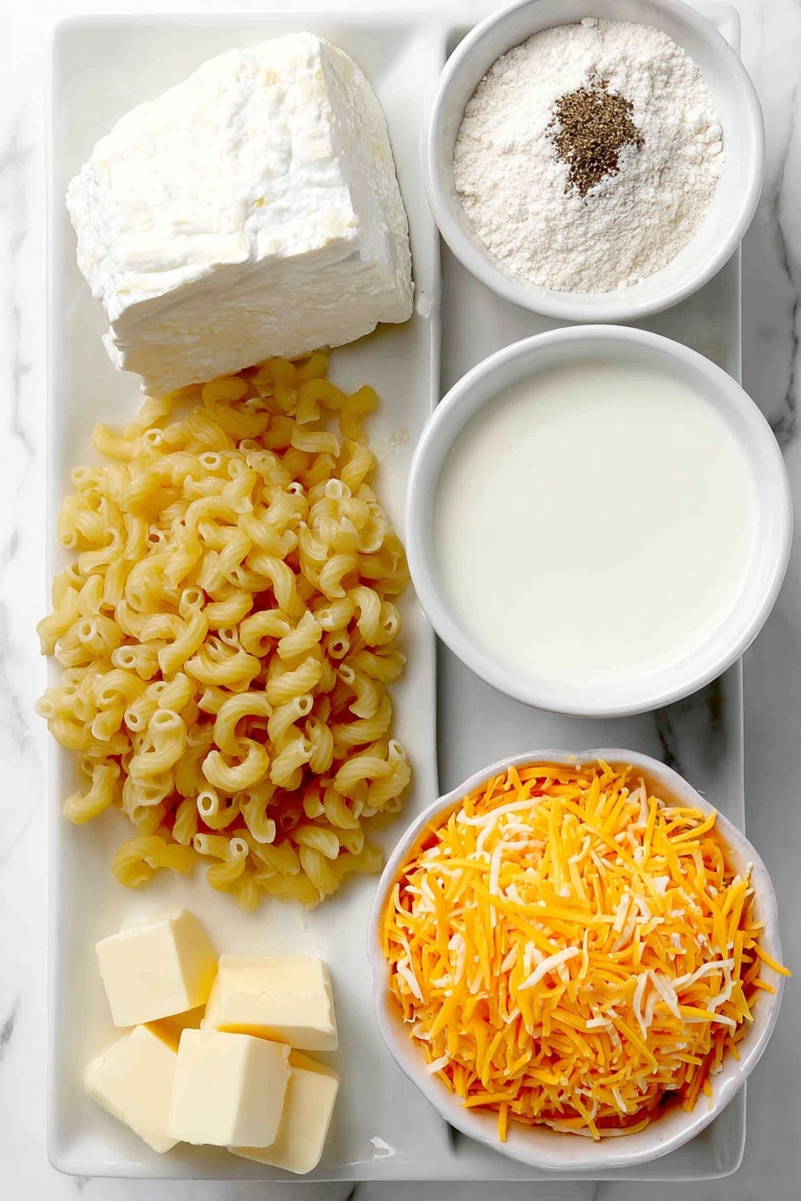 Cheddar Baked Mac and Cheese, baked mac and cheese recipe, cheesy baked pasta, easy mac and cheese casserole, comfort food recipes - Flat lay of uncooked elbow macaroni noodles, a few small cubes of golden butter, a small mound of pale all-purpose flour, a pinch of coarse salt crystals, a sprinkle of freshly ground black pepper, a small white ceramic bowl filled with creamy milk, a small white ceramic bowl containing smooth half and half cream, a small white ceramic bowl heaped with bright orange shredded cheddar cheese placed on a clean white marble surface, soft natural light, photo taken with an iPhone, professional food photography style, fresh ingredients, white ceramic bowls, no bottles, no duplicates, no utensils, no packaging --ar 2:3 --v 7 --p m7354615311229779997