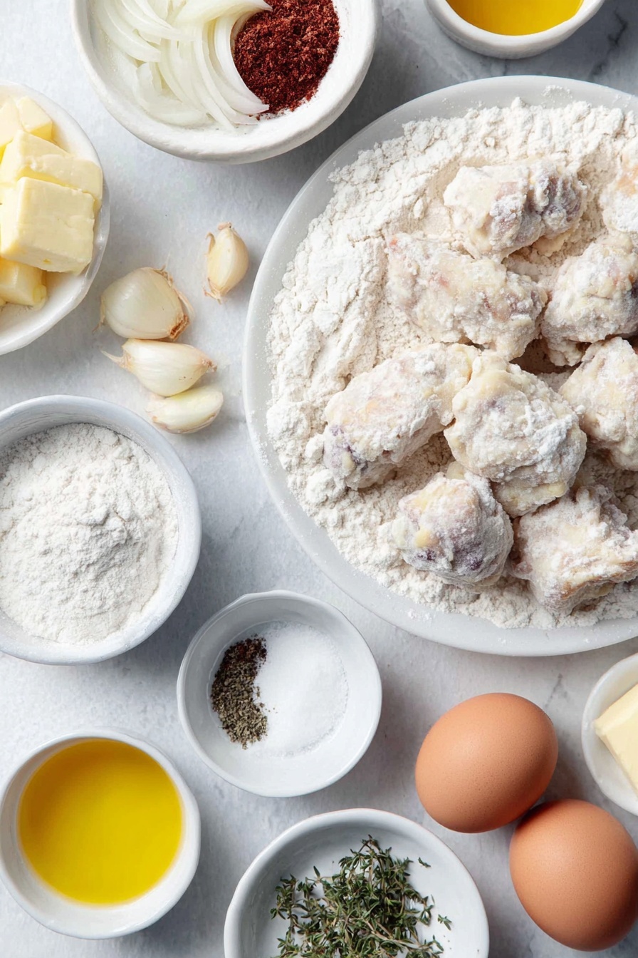 Vegan Chicken and Dumplings Soup, plant-based chicken soup, vegan comfort food, hearty vegan soup, easy vegan dumpling recipe - Flat lay of a medium yellow onion chopped, two medium peeled and sliced carrots, three peeled garlic cloves, a small white ceramic bowl of olive oil, a small white ceramic bowl of all purpose flour, a small white ceramic bowl of no chicken broth, a small white ceramic bowl of unsweetened vegan creamer, a small white ceramic bowl with dried thyme, a small white ceramic bowl with dried parsley, a small white ceramic bowl of frozen green peas, a portion of fresh vegan chicken pieces, a large white ceramic bowl with all purpose flour, a small white ceramic bowl of baking powder, a small white ceramic bowl with salt, a small white ceramic bowl with ground black pepper, a small white ceramic bowl of unsweetened plant milk, a small white ceramic bowl of melted vegan butter, two whole uncracked brown eggs placed on a simple white ceramic plate, placed on a clean white marble surface, soft natural light, photo taken with an iPhone, professional food photography style, fresh ingredients, white ceramic bowls, no bottles, no duplicates, no utensils, no packaging --ar 2:3 --v 7 --p m7354615311229779997