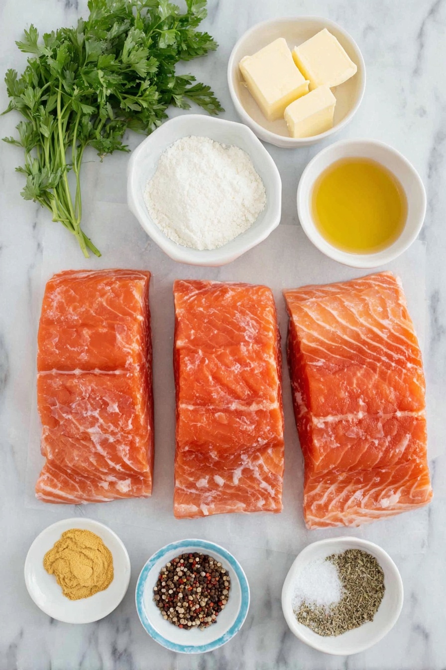 Creamy Lemon Salmon, Lemon Salmon Recipe, Easy Salmon Dinner, Quick Salmon with Lemon, Healthy Salmon Main Dish - Flat lay of fresh salmon fillets with bright pink flesh, a small mound of fine white flour, a small white bowl of golden olive oil, a small white bowl of pale yellow butter, a small white bowl filled with light golden chicken broth, a small white bowl of clear lemon juice, a small white bowl of smooth creamy white heavy cream, a few sprigs of fresh vibrant green parsley, a small white bowl containing yellow Dijon mustard, a heap of light brown garlic powder, a small pile of mixed black and white peppercorns, and a pinch of dried Italian seasoning herbs arranged in perfect symmetry, placed on a clean white marble surface, soft natural light, photo taken with an iPhone, professional food photography style, fresh ingredients, white ceramic bowls, no bottles, no duplicates, no utensils, no packaging --ar 2:3 --v 7 --p m7354615311229779997