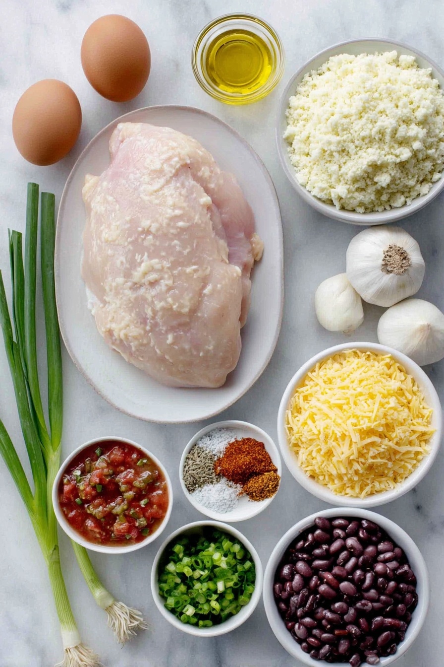 Salsa Chicken with Cauliflower Rice, healthy salsa chicken skillet, low-carb chicken dinner, quick weeknight chicken recipes, flavorful cauliflower rice dish - Flat lay of a raw boneless skinless chicken breast, a small mound of fresh cauliflower rice, two whole uncracked brown eggs, two green onions with bright green stalks and white bulbs, two peeled garlic cloves, a small white bowl with golden olive oil, a small white bowl with vibrant red salsa, a small white bowl of diced fresh green chiles, a small white bowl of rinsed black beans, a small white bowl with a mix of chili powder, cumin, and smoked paprika spices, a small white bowl of chopped fresh cilantro, a small white bowl filled with shredded cheddar and Monterey Jack cheese blend, all arranged symmetrically on a simple white ceramic plate and bowls, placed on a clean white marble surface, soft natural light, photo taken with an iPhone, professional food photography style, fresh ingredients, white ceramic bowls, no bottles, no duplicates, no utensils, no packaging --ar 2:3 --v 7 --p m7354615311229779997