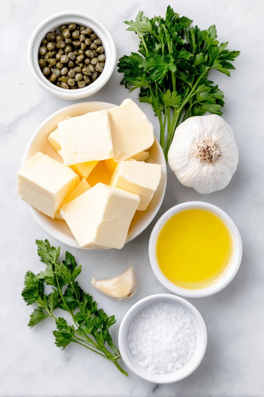 Lemon Caper Butter Sauce for Fish and Chicken, lemon butter sauce, seafood and chicken sauces, easy lemon caper sauce, quick fish and chicken topping - Flat lay of a small white ceramic bowl of golden unsalted butter cubes, a small white ceramic bowl filled with green capers, a whole fresh garlic bulb with one peeled clove beside it, a small white ceramic bowl of bright yellow lemon juice, a few sprigs of fresh green parsley laid neatly, and a small white ceramic bowl containing coarse kosher salt crystals, all arranged in perfect symmetry on a clean white marble surface, soft natural light, photo taken with an iPhone, professional food photography style, fresh ingredients, white ceramic bowls, no bottles, no duplicates, no utensils, no packaging --ar 2:3 --v 7 --p m7354615311229779997