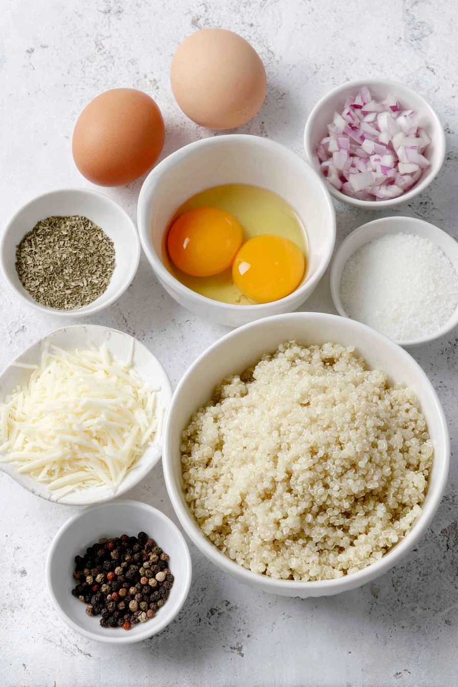 Quinoa Patties with Mozzarella, healthy quinoa patties, cheesy quinoa recipes, vegetarian appetizer ideas, crispy quinoa cakes - Flat lay of cooked quinoa in a simple white ceramic bowl, two whole brown eggs with clean shells, a small white bowl of dried oregano, a small white bowl of garlic powder, a small white bowl of salt crystals, a small white bowl of black peppercorns, shredded fresh mozzarella cheese in a white ceramic bowl, finely minced red onion in a white bowl, panko breadcrumbs in a white bowl, and a small white bowl with golden avocado oil, all arranged in perfect symmetry on a clean white marble surface, soft natural light, photo taken with an iPhone, professional food photography style, fresh ingredients, white ceramic bowls, no bottles, no duplicates, no utensils, no packaging --ar 2:3 --v 7 --p m7354615311229779997