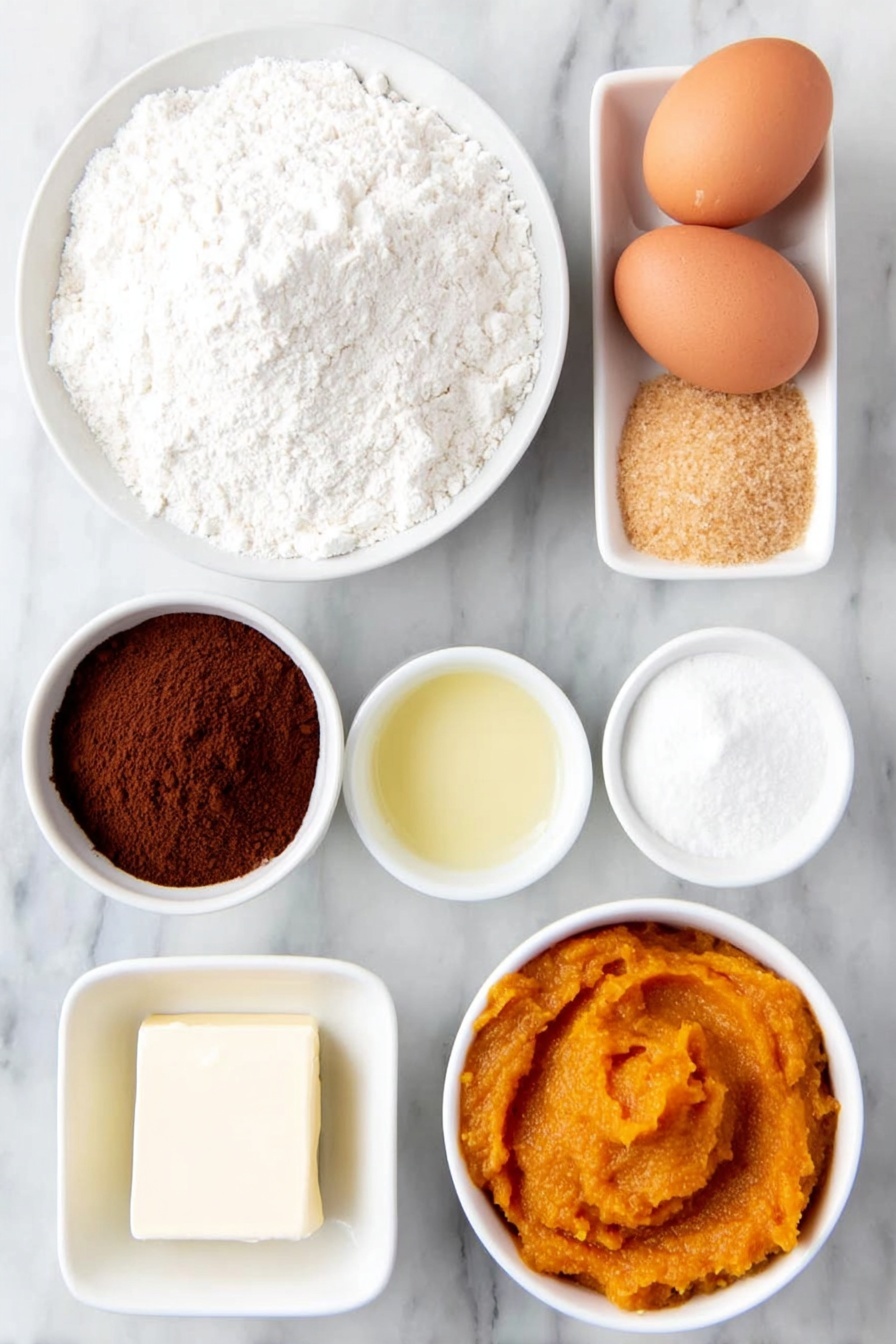 Pumpkin Crumb Muffins, Fall Pumpkin Muffins, Pumpkin Muffin Recipe, Easy Pumpkin Muffins, Cinnamon Pumpkin Muffins - Flat lay of a small mound of all-purpose flour, a small heap of golden brown granulated sugar, a small heap of packed dark brown sugar, two whole large brown eggs with clean shells, a small white ceramic bowl of smooth orange pumpkin puree, a small white ceramic bowl of clear light yellow vegetable oil, a small white ceramic bowl of creamy white milk, a small white ceramic bowl containing a blend of ground cinnamon and pumpkin pie spice powders, and a half cup of unsalted butter melted in a small white ceramic bowl, all arranged with perfect symmetry on a clean white marble surface, soft natural light, photo taken with an iPhone, professional food photography style, fresh ingredients, white ceramic bowls, no bottles, no duplicates, no utensils, no packaging --ar 2:3 --v 7 --p m7354615311229779997