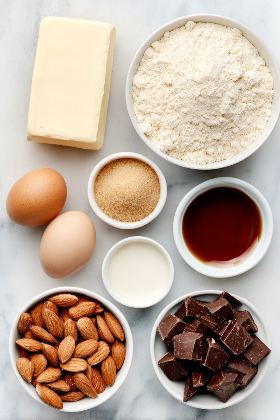 Almond Flour Lace Cookies, almond flour lace cookies recipe, delicate lace cookies, crispy almond cookies, caramelized almond cookies - Flat lay of a small slab of unsalted butter, a small white ceramic bowl filled with packed light brown sugar, a simple white ceramic bowl holding fine almond flour, a few whole uncracked brown eggs, a small white bowl of clear light corn syrup, a small white bowl with pure vanilla extract, a neat pile of whole raw almonds, and a small white bowl containing chopped semi-sweet chocolate chunks, all arranged symmetrically on a clean white marble surface, soft natural light, photo taken with an iPhone, professional food photography style, fresh ingredients, white ceramic bowls, no bottles, no duplicates, no utensils, no packaging --ar 2:3 --v 7 --p m7354615311229779997