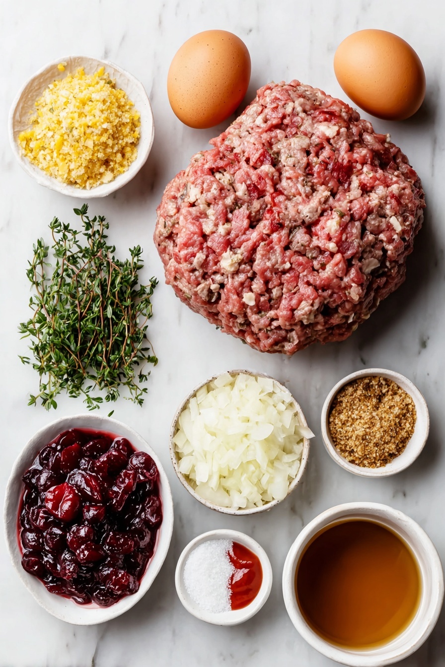 Christmas Cranberry Meatballs, holiday appetizer recipes, easy Christmas party snacks, festive meatball ideas, cranberry meatball sauce - Flat lay of two whole uncracked brown eggs, an envelope of onion soup mix as a small pile of golden onion flakes and herbs, a small white bowl of seasoned bread crumbs, a small white bowl of chopped dried cranberries, a small bunch of fresh minced parsley sprigs, a mound of lean ground beef shaped naturally, a small white bowl filled with whole-berry cranberry sauce showing whole cranberries in deep red sauce, a small white bowl of bright red ketchup, a small white bowl of rich brown beef broth, a small white bowl of light brown granulated brown sugar, a small white bowl with finely chopped white onion, and a small white bowl containing pale amber cider vinegar, all arranged symmetrically on a clean white marble surface, soft natural light, photo taken with an iPhone, professional food photography style, fresh ingredients, white ceramic bowls, no bottles, no duplicates, no utensils, no packaging --ar 2:3 --v 7 --p m7354615311229779997