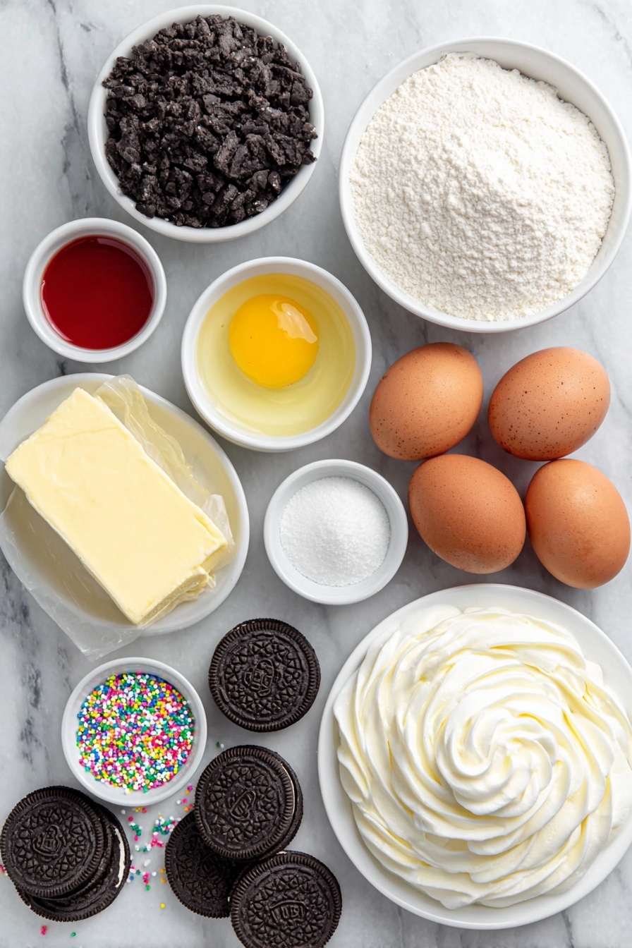 Mini Christmas Oreo Cheesecakes, Christmas dessert recipes, holiday cheesecake ideas, festive mini cheesecakes, Oreo cheesecake for Christmas - Flat lay of crushed Oreo cookies with cream filling, a small white bowl of melted butter, a smooth block of cream cheese, a small mound of granulated sugar, a small bowl of all-purpose flour, a few thin strips of lemon zest, two whole uncracked brown eggs, a small white bowl of heavy cream, a small white bowl containing red food coloring, a small white bowl containing green food coloring, a dollop of whipped cream on a white ceramic plate, colorful sprinkles scattered neatly on a white ceramic plate placed on a clean white marble surface, soft natural light, photo taken with an iPhone, professional food photography style, fresh ingredients, white ceramic bowls, no bottles, no duplicates, no utensils, no packaging --ar 2:3 --v 7 --p m7354615311229779997