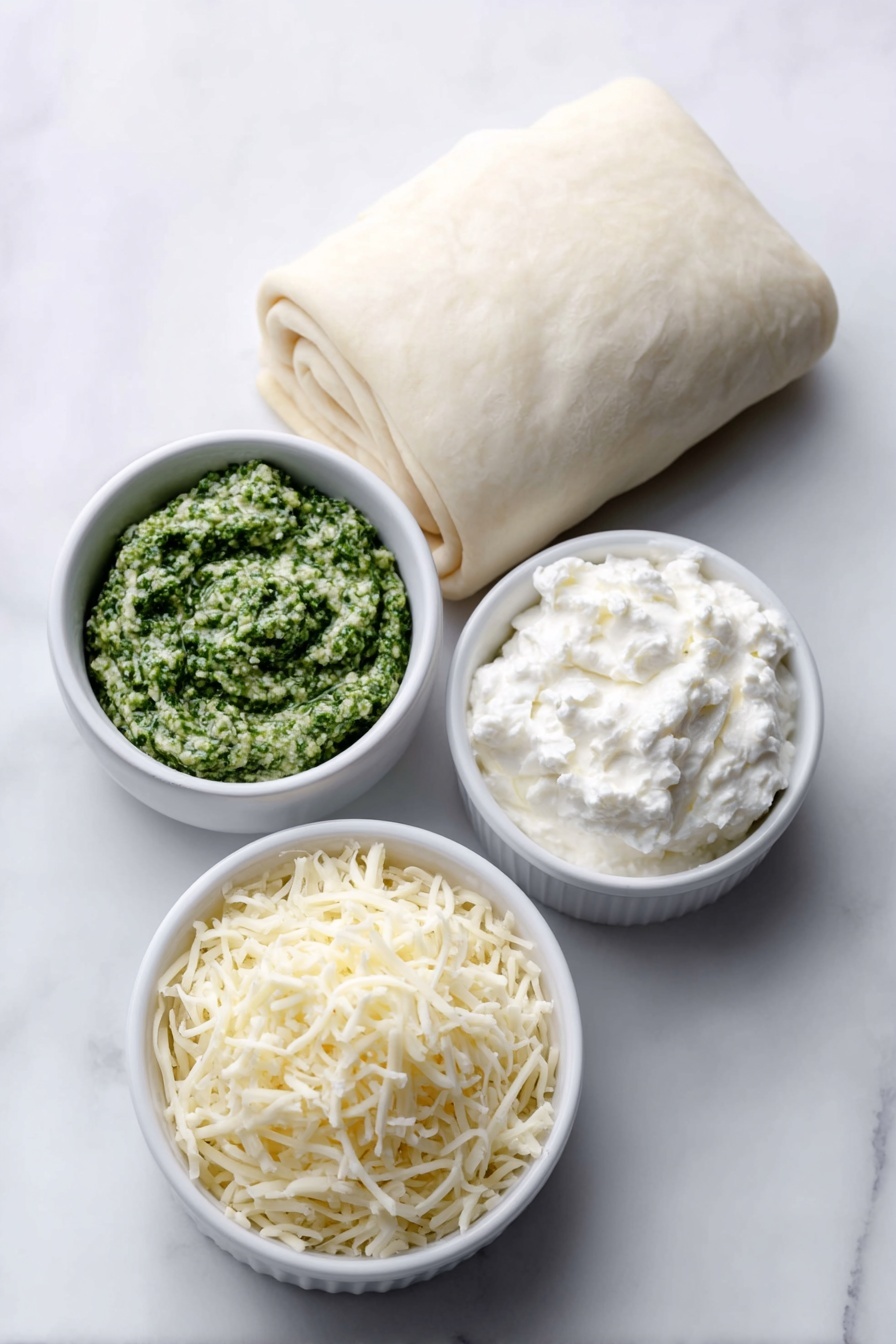 Pesto Puff Pastry Christmas Trees, holiday appetizer, festive puff pastry recipes, quick Christmas appetizers, pesto pastry wreaths - Flat lay of a smooth, unrolled sheet of fresh puff pastry, a small white ceramic bowl filled with vibrant green basil pesto, a small white ceramic bowl containing creamy white cream cheese, and a small white ceramic bowl heaped with pale yellow shredded cheese, all arranged in perfect symmetry on a clean white marble surface, soft natural light, photo taken with an iPhone, professional food photography style, fresh ingredients, white ceramic bowls, no bottles, no duplicates, no utensils, no packaging --ar 2:3 --v 7 --p m7354615311229779997