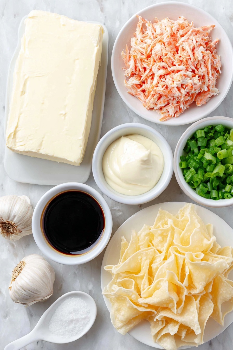 Crab Rangoon Dip with Wonton Chips, crab dip appetizers, creamy crab dip recipe, easy wonton chip recipe, crowd-pleasing game day dip - Flat lay of fresh cream cheese block, a small white bowl of creamy mayonnaise, a small white bowl of thick sour cream, a small white bowl of dark low-sodium soy sauce, three whole cloves of fresh garlic, one white ceramic spoon-shaped dish with granulated white sugar, shredded imitation crab meat arranged neatly, a small pile of freshly shredded Monterey Jack cheese, a small white bowl of sliced green onions, and a stack of fresh wonton wrappers cut diagonally into triangles, all placed symmetrically on simple white ceramic plates and bowls, placed on a clean white marble surface, soft natural light, photo taken with an iPhone, professional food photography style, fresh ingredients, white ceramic bowls, no bottles, no duplicates, no utensils, no packaging --ar 2:3 --v 7 --p m7354615311229779997