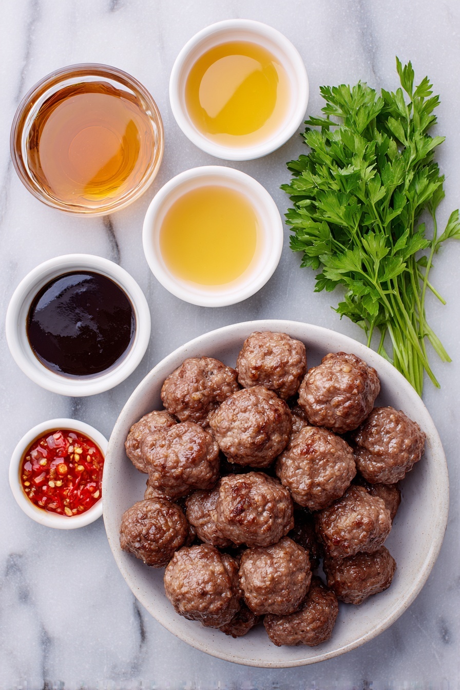 Bourbon Slow Cooker Meatballs, bourbon meatballs recipe, slow cooker appetizer, easy meatball recipe, flavorful meatball dish - Flat lay of a small white ceramic bowl of glossy hickory and brown sugar barbecue sauce, a small white ceramic bowl of amber bourbon, a small white ceramic bowl of golden honey, a small white ceramic bowl of dark molasses, a small white ceramic bowl of bright red sweet chili sauce, a small white ceramic bowl of deep brown Worcestershire sauce, a pile of fully cooked, browned meatballs arranged neatly, and a few sprigs of fresh, bright green chopped parsley on a simple white ceramic dish, placed on a clean white marble surface, soft natural light, photo taken with an iPhone, professional food photography style, fresh ingredients, white ceramic bowls, no bottles, no duplicates, no utensils, no packaging --ar 2:3 --v 7 --p m7354615311229779997