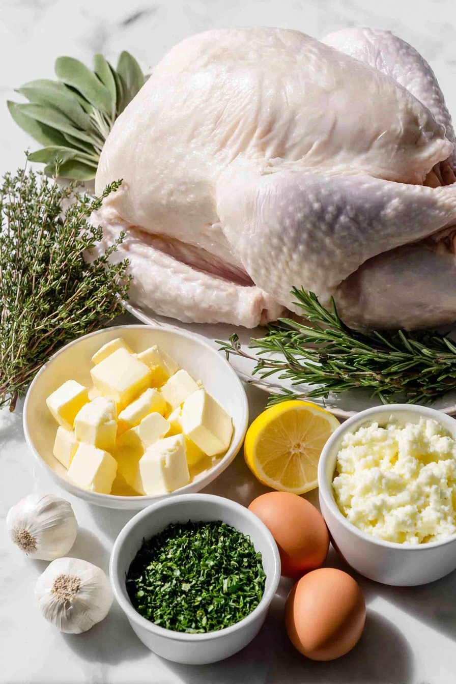 Perfect Herb Roast Turkey, herb roast turkey, juicy turkey recipe, holiday turkey, flavorful roast turkey - Flat lay of a whole raw turkey with pale pink skin and plump shape, a small white ceramic bowl of softened pale yellow unsalted butter, a small white bowl with fresh chopped green sage leaves, a small white bowl with fresh chopped green thyme leaves, a small white bowl with fresh chopped rosemary needles, four whole peeled garlic cloves arranged beside a small white bowl of minced garlic, a halved bright yellow lemon, a few sprigs each of fresh sage, thyme, and rosemary with vibrant green leaves, a few whole uncracked brown garlic cloves, and two whole uncracked brown eggs placed symmetrically around, all neatly arranged on a simple white ceramic plate and bowls, placed on a clean white marble surface, soft natural light, photo taken with an iPhone, professional food photography style, fresh ingredients, white ceramic bowls, no bottles, no duplicates, no utensils, no packaging --ar 2:3 --v 7 --p m7354615311229779997