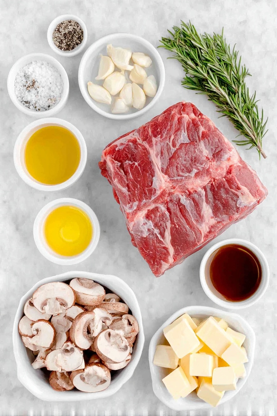 Rosemary Garlic Roast Beef, Garlic Herb Roast Beef, Elegant Roast Beef Recipe, Juicy Roast Beef, Searing Roast Beef - Flat lay of a large raw boneless rib eye roast with a rich marbled texture, a small white ceramic bowl filled with chopped fresh rosemary sprigs, a small white ceramic bowl containing peeled garlic cloves, a small white ceramic bowl with coarse sea salt, a small white ceramic bowl of freshly ground black pepper, two small white ceramic bowls each holding golden olive oil and clear vegetable oil, a small white ceramic bowl with creamy unsalted butter cubes, a simple white ceramic shallow bowl heaped with an assortment of fresh, sliced mushrooms, and a small white ceramic bowl filled with rich brown beef stock, all carefully arranged in perfect symmetry on a clean white marble surface, soft natural light, photo taken with an iPhone, professional food photography style, fresh ingredients, white ceramic bowls, no bottles, no duplicates, no utensils, no packaging --ar 2:3 --v 7 --p m7354615311229779997