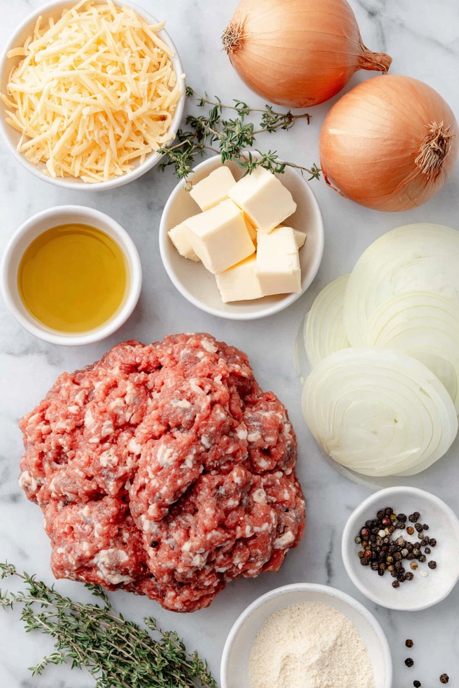 French Onion Chicken Meatballs Skillet, French Onion Chicken Meatballs, Easy French Onion Chicken, Chicken Meatball Skillet with Onions, Comforting French Onion Dinner - Flat lay of fresh ground chicken shaped into raw meatballs, a small heap of minced yellow onion, a small pile of shredded Gruyère cheese, a small pile of shredded mozzarella cheese, a small white ceramic bowl with plain bread crumbs, several peeled garlic cloves whole, two whole uncracked brown eggs, a few sprigs of fresh thyme, a small white ceramic bowl with olive oil, four large thinly sliced yellow onions arranged in a neat stack, a small white ceramic bowl with unsalted butter cubes, a small white ceramic bowl with dry sherry, a small white ceramic bowl with low-sodium beef broth, kosher salt and black peppercorns sprinkled carefully for display, placed on a clean white marble surface, soft natural light, photo taken with an iPhone, professional food photography style, fresh ingredients, white ceramic bowls, no bottles, no duplicates, no utensils, no packaging --ar 2:3 --v 7 --p m7354615311229779997