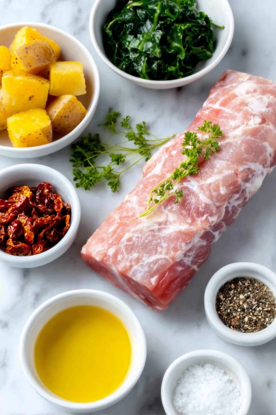 Stuffed Pork Tenderloin with Sun-Dried Tomatoes, savory pork tenderloin stuffed with sun-dried tomatoes and mozzarella, easy stuffed pork recipes, elegant pork dinner ideas, quick pork tenderloin recipes - Flat lay of a whole raw pork tenderloin with a smooth pink surface, a few sprigs of fresh green parsley, a small pile of bright red sliced sun-dried tomatoes, a small white bowl filled with dark green thawed spinach, a small white bowl of shredded white mozzarella cheese, a small white bowl of golden olive oil, a white ceramic bowl holding small sliced fresh potatoes with skins on, a small white bowl of coarse salt crystals, a small white bowl of cracked black peppercorns, and a white ceramic bowl with Italian seasoning blend of dried herbs placed neatly, all arranged with perfect symmetry and realistic proportions, placed on a clean white marble surface, soft natural light, photo taken with an iPhone, professional food photography style, fresh ingredients, white ceramic bowls, no bottles, no duplicates, no utensils, no packaging --ar 2:3 --v 7 --p m7354615311229779997