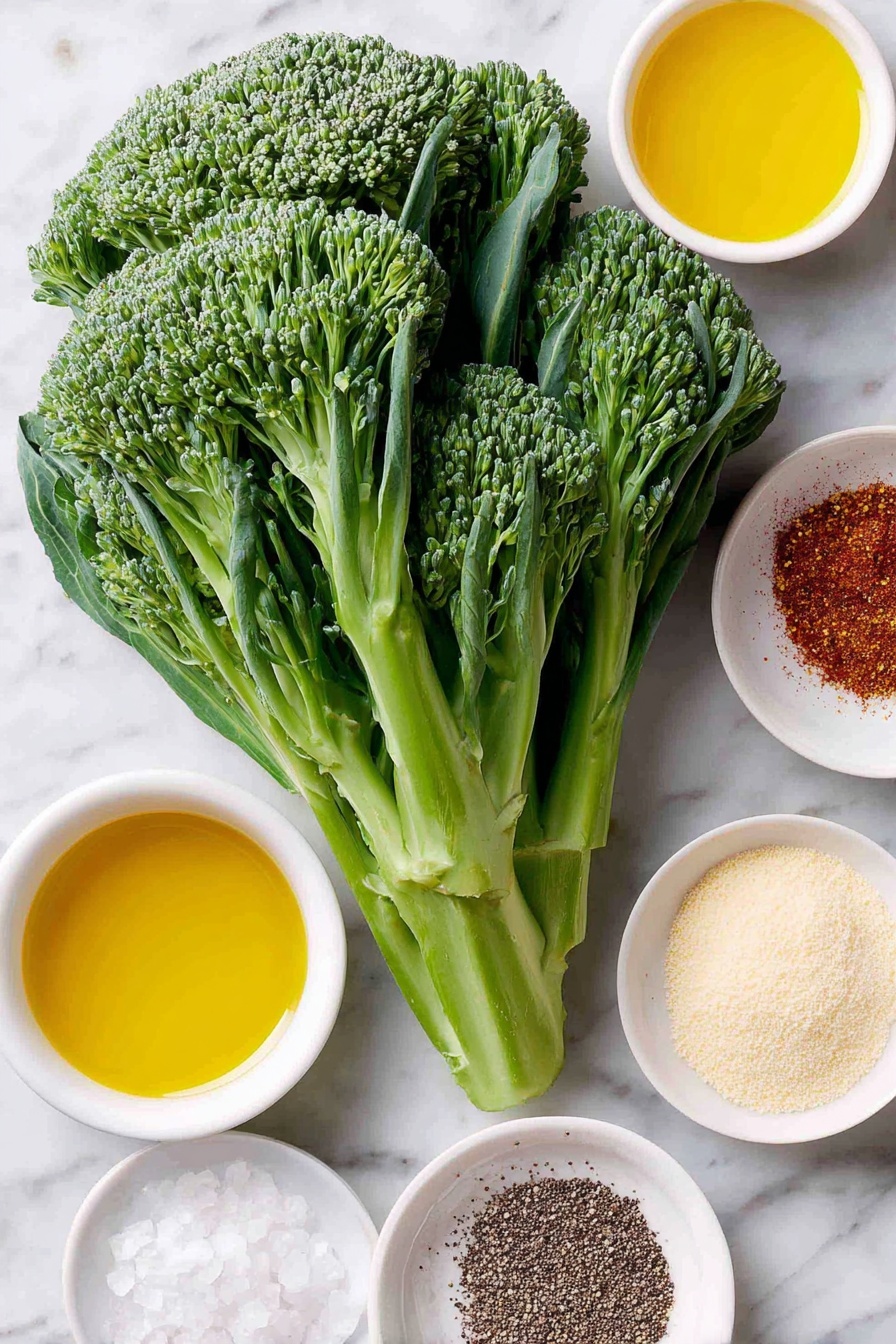 Oven Roasted Broccoli with Garlic and Paprika, roasted broccoli recipes, healthy roasted broccoli, garlic broccoli side dish, smoky broccoli roasted - Flat lay of fresh broccoli florets with deep green crowns and firm stalks, a small white ceramic bowl filled with golden olive oil, a small white bowl containing bright red paprika powder, another white bowl with fine white sea salt crystals, a small white bowl of pale beige garlic powder, and a small white bowl with coarsely ground black pepper, arranged in perfect symmetry on a clean white marble surface, soft natural light, photo taken with an iPhone, professional food photography style, fresh ingredients, white ceramic bowls, no bottles, no duplicates, no utensils, no packaging --ar 2:3 --v 7 --p m7354615311229779997