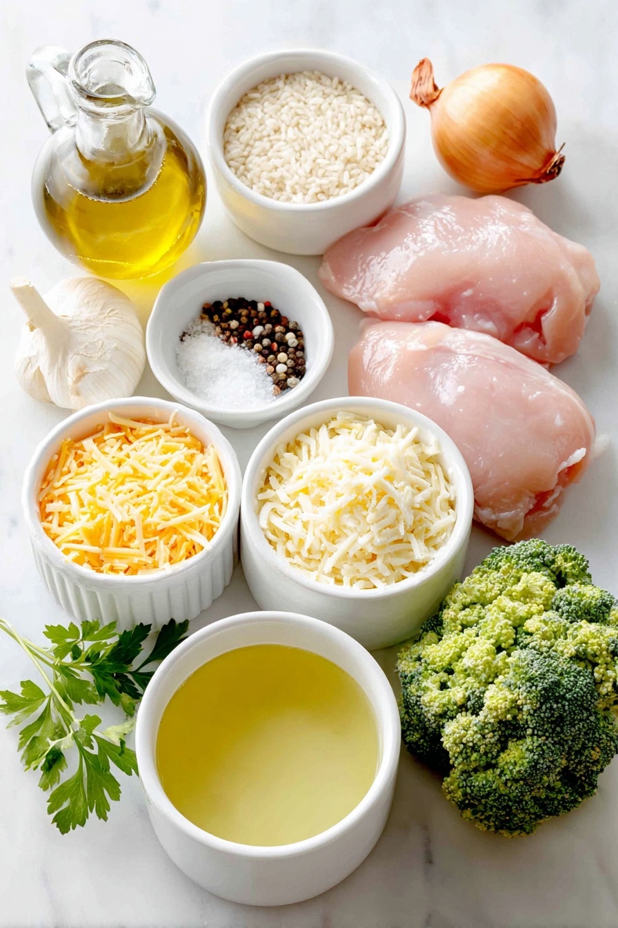 Cheesy Chicken Broccoli Rice Casserole, cheesy chicken broccoli bake, creamy chicken rice casserole, one-pot chicken broccoli dinner, quick healthy casserole - Flat lay of a small white ceramic bowl of olive oil, a whole small onion with papery skin, two raw chicken breasts, a small white ceramic bowl of coarse salt, a small white ceramic bowl of black peppercorns, four whole garlic cloves, a small white ceramic bowl of uncooked long grain rice, a small white ceramic bowl of creamy chicken soup, a small white ceramic bowl of chicken broth, a mound of fresh broccoli florets, a small pile of shredded cheddar cheese, and a few sprigs of fresh parsley placed on a clean white marble surface, soft natural light, photo taken with an iPhone, professional food photography style, fresh ingredients, white ceramic bowls, no bottles, no duplicates, no utensils, no packaging --ar 2:3 --v 7 --p m7354615311229779997